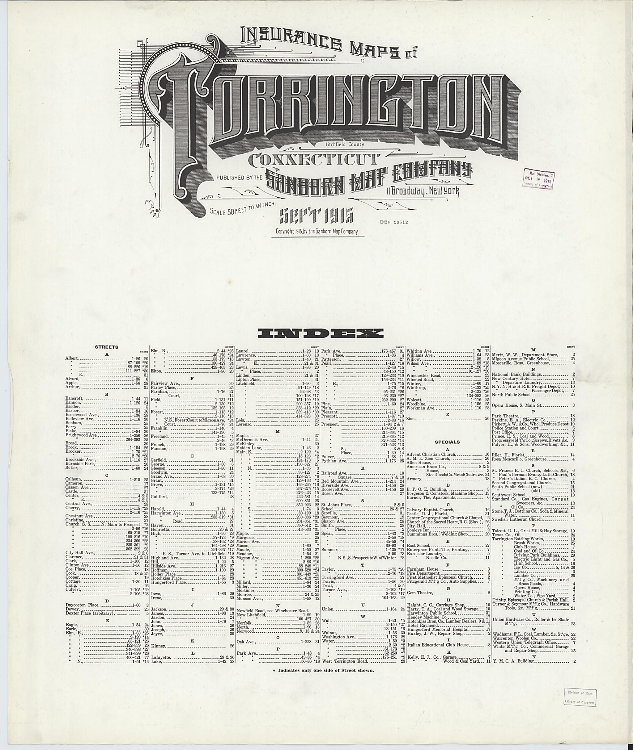 This old map of Torrington, Litchfield County, Connecticut was created by Sanborn Map Company in 1915