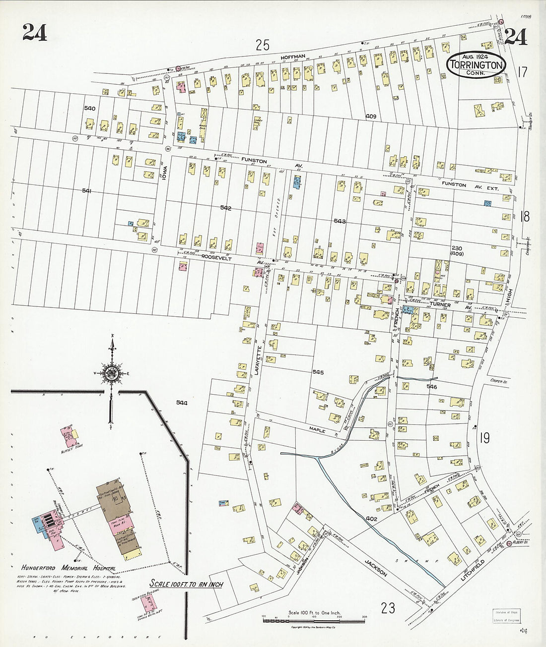 This old map of Torrington, Litchfield County, Connecticut was created by Sanborn Map Company in 1924