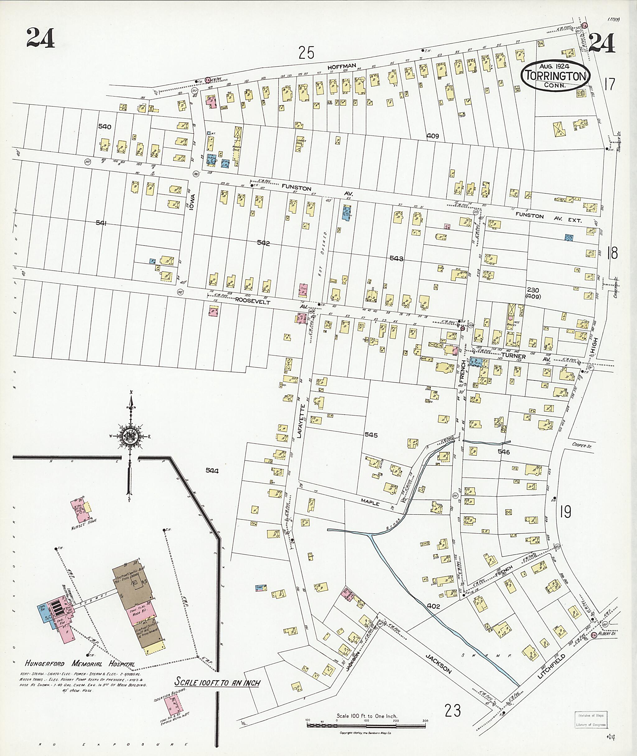 This old map of Torrington, Litchfield County, Connecticut was created by Sanborn Map Company in 1924