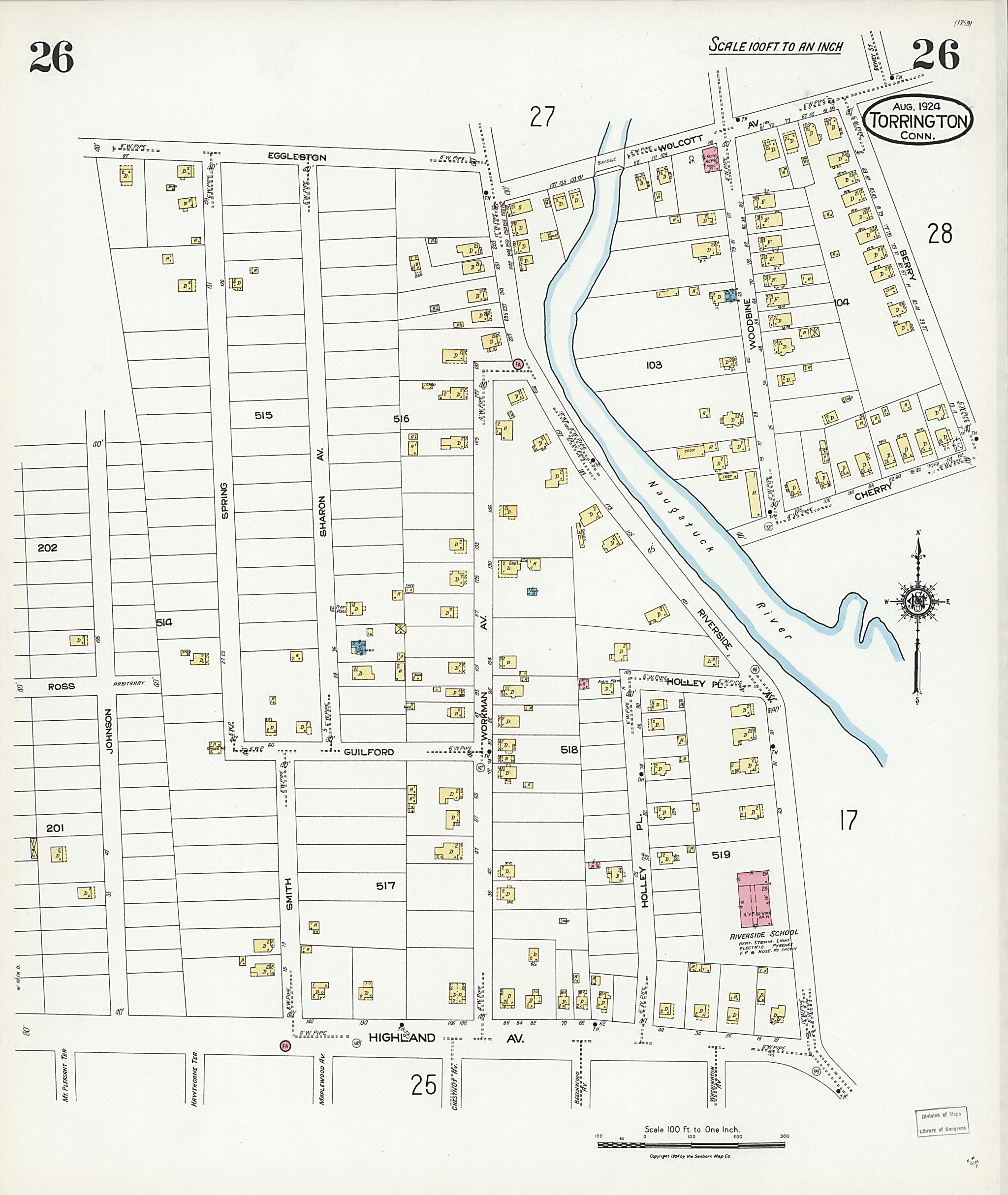 This old map of Torrington, Litchfield County, Connecticut was created by Sanborn Map Company in 1924