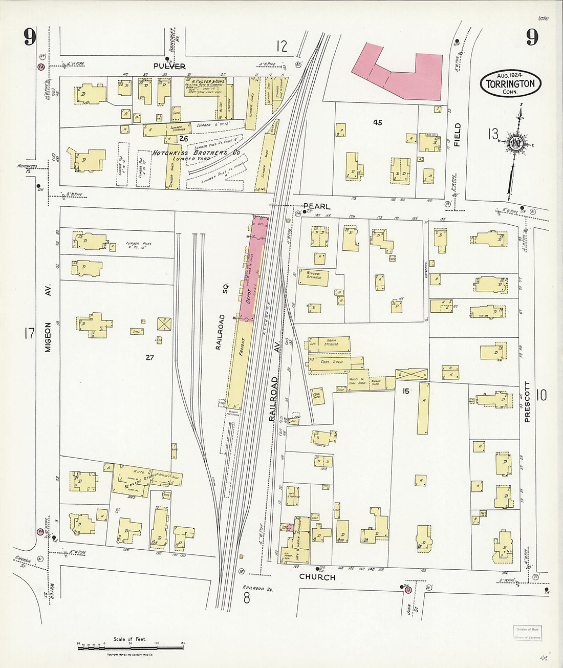 This old map of Torrington, Litchfield County, Connecticut was created by Sanborn Map Company in 1924
