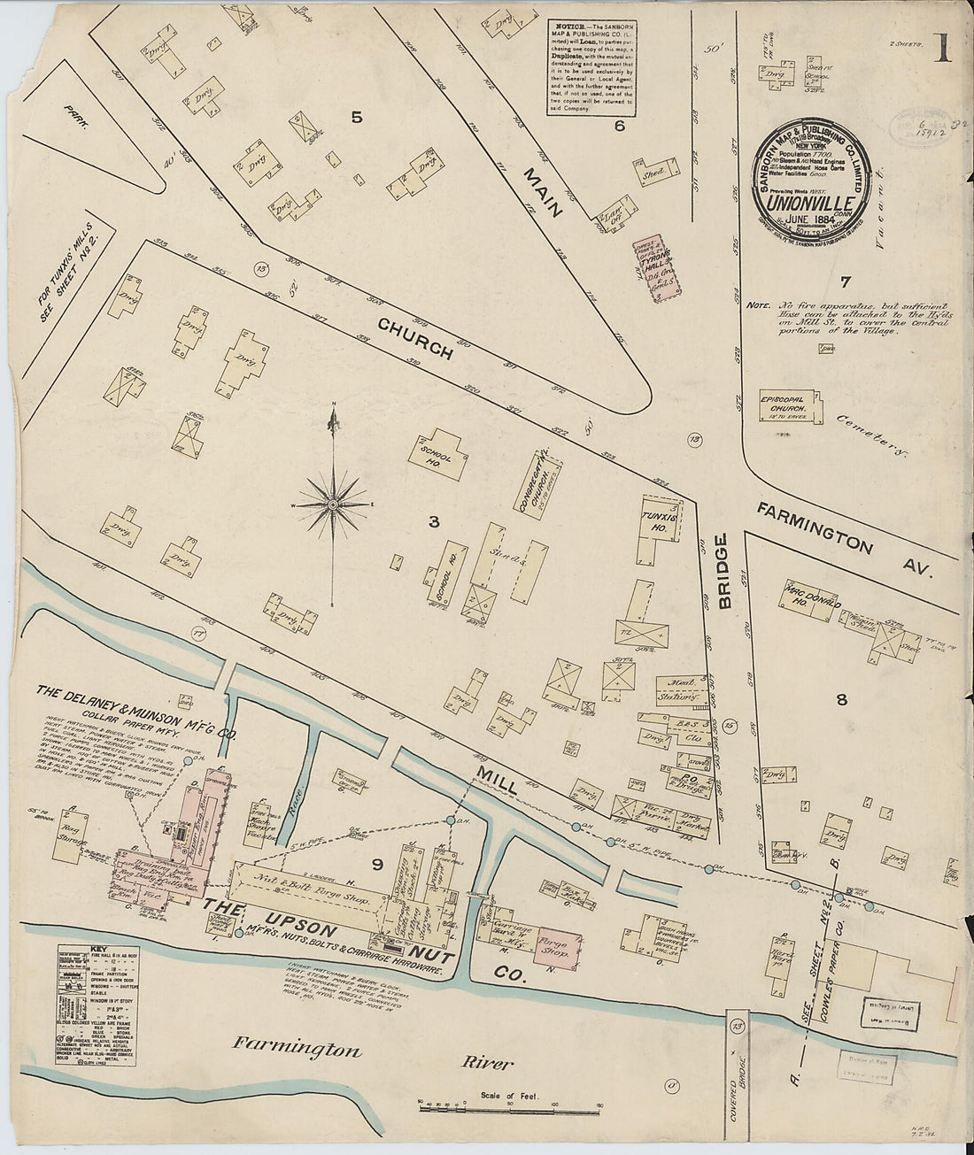 This old map of Unionville, Hartford County, Connecticut was created by Sanborn Map Company in 1884