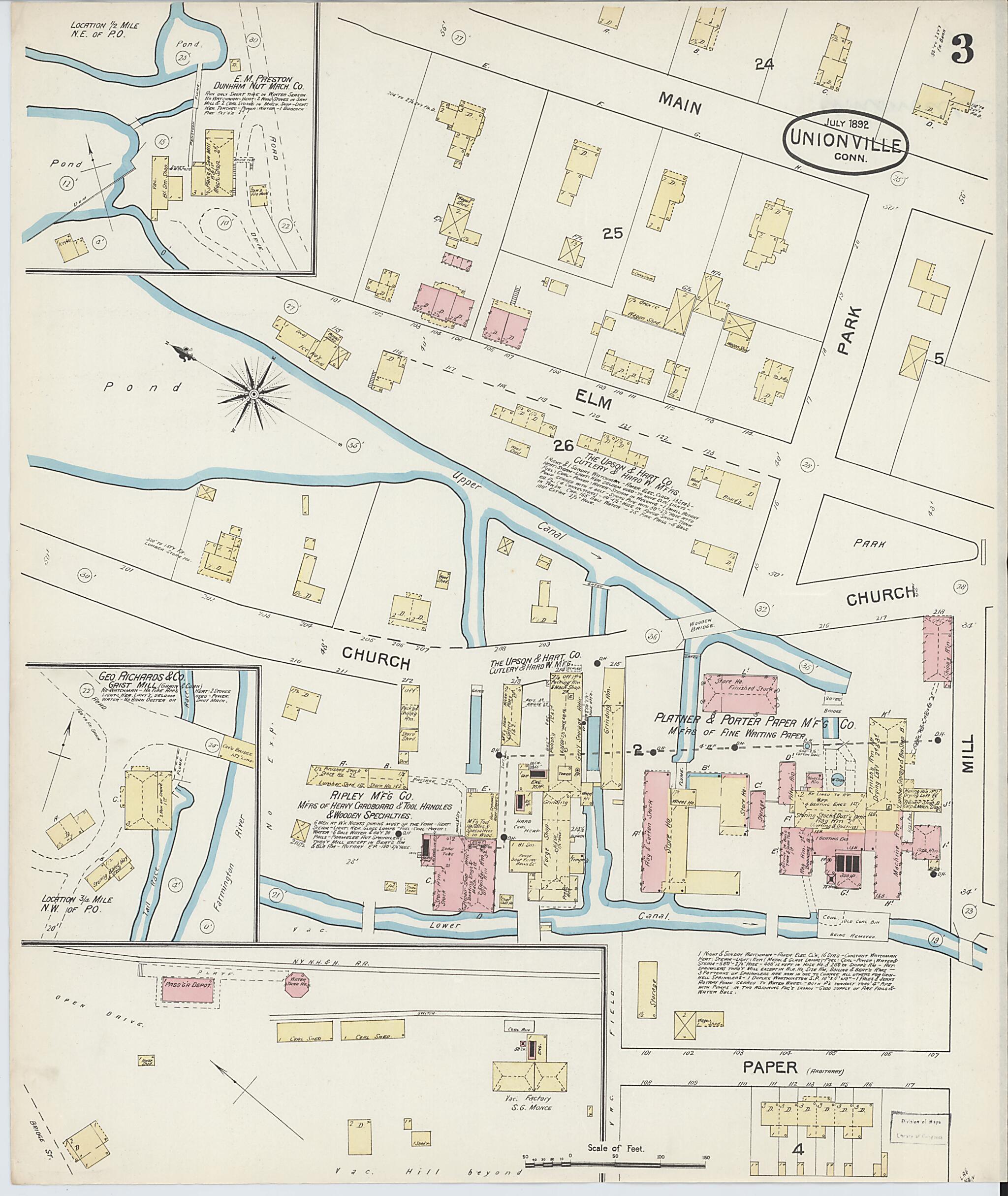 This old map of Unionville, Hartford County, Connecticut was created by Sanborn Map Company in 1892
