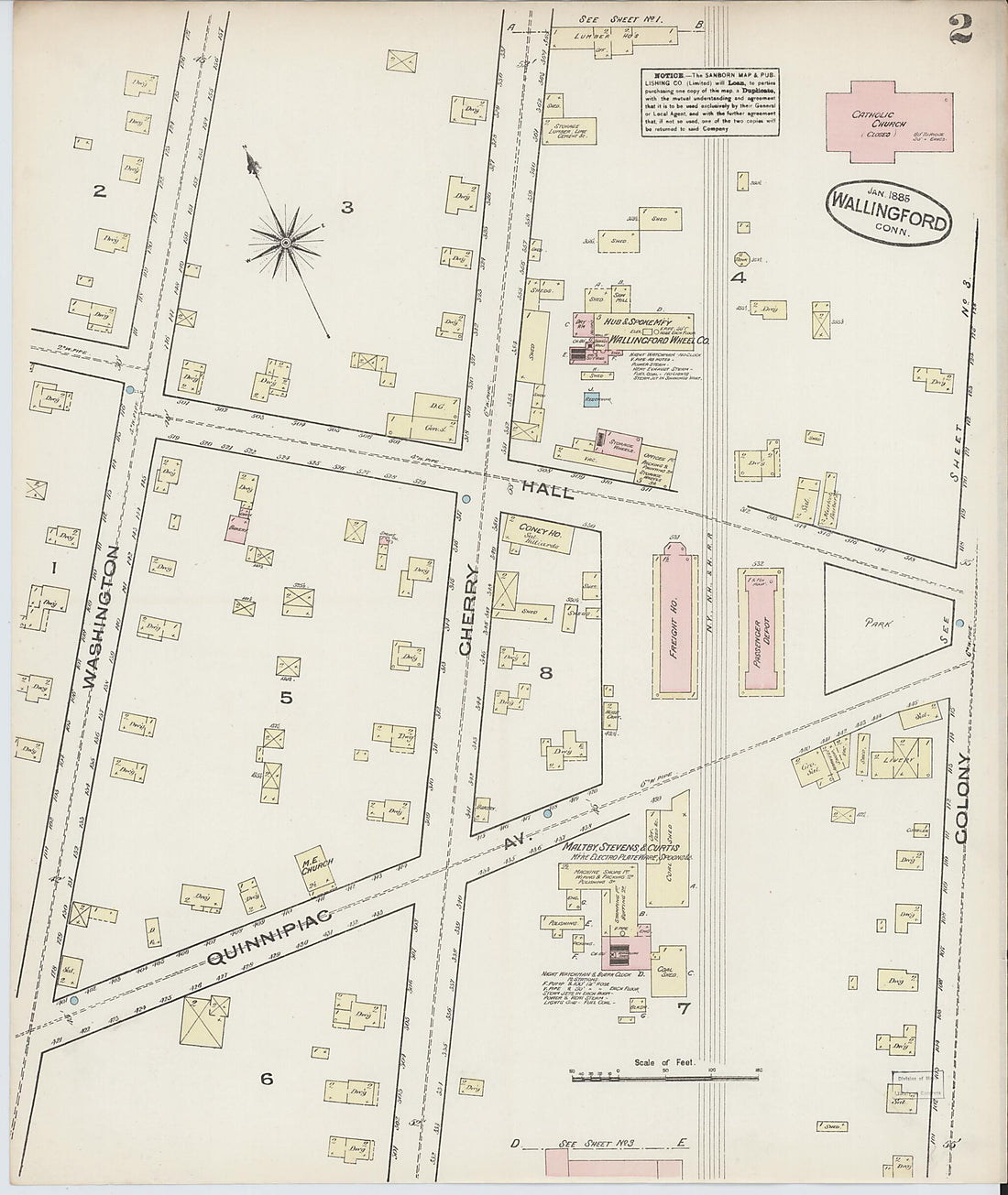 This old map of Wallingford, New Haven County, Connecticut was created by Sanborn Map Company in 1885