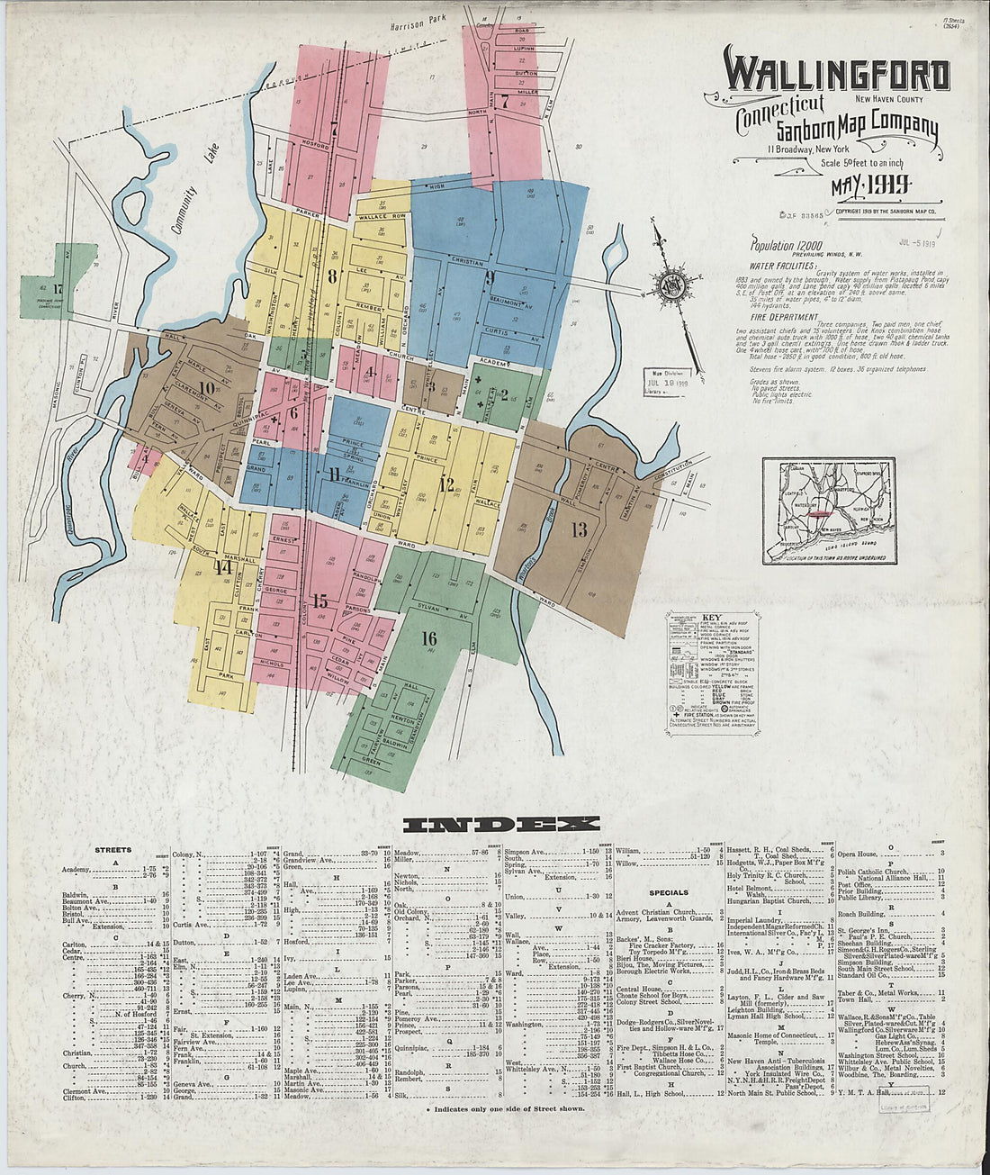 This old map of Wallingford, New Haven County, Connecticut was created by Sanborn Map Company in 1919