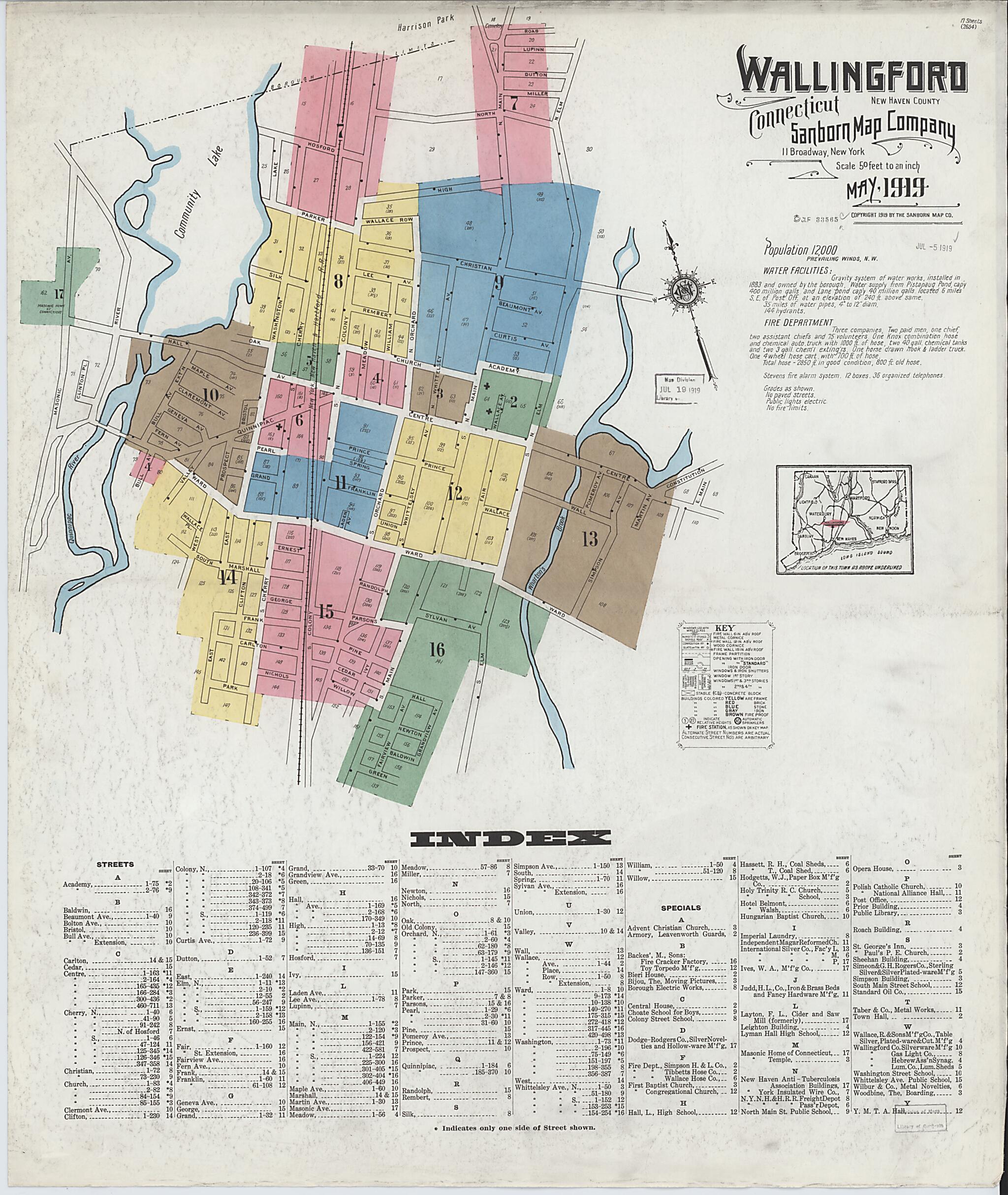 This old map of Wallingford, New Haven County, Connecticut was created by Sanborn Map Company in 1919