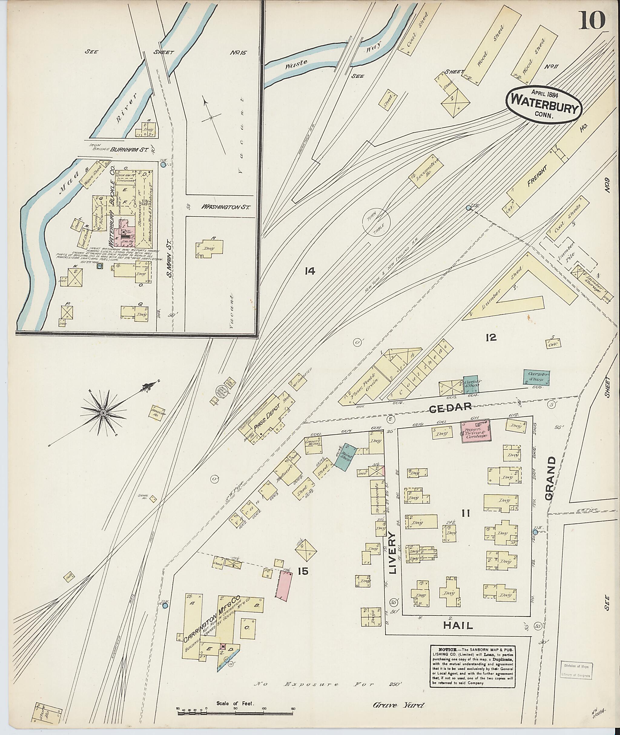 This old map of Waterbury, New Haven County, Connecticut was created by Sanborn Map Company in 1884