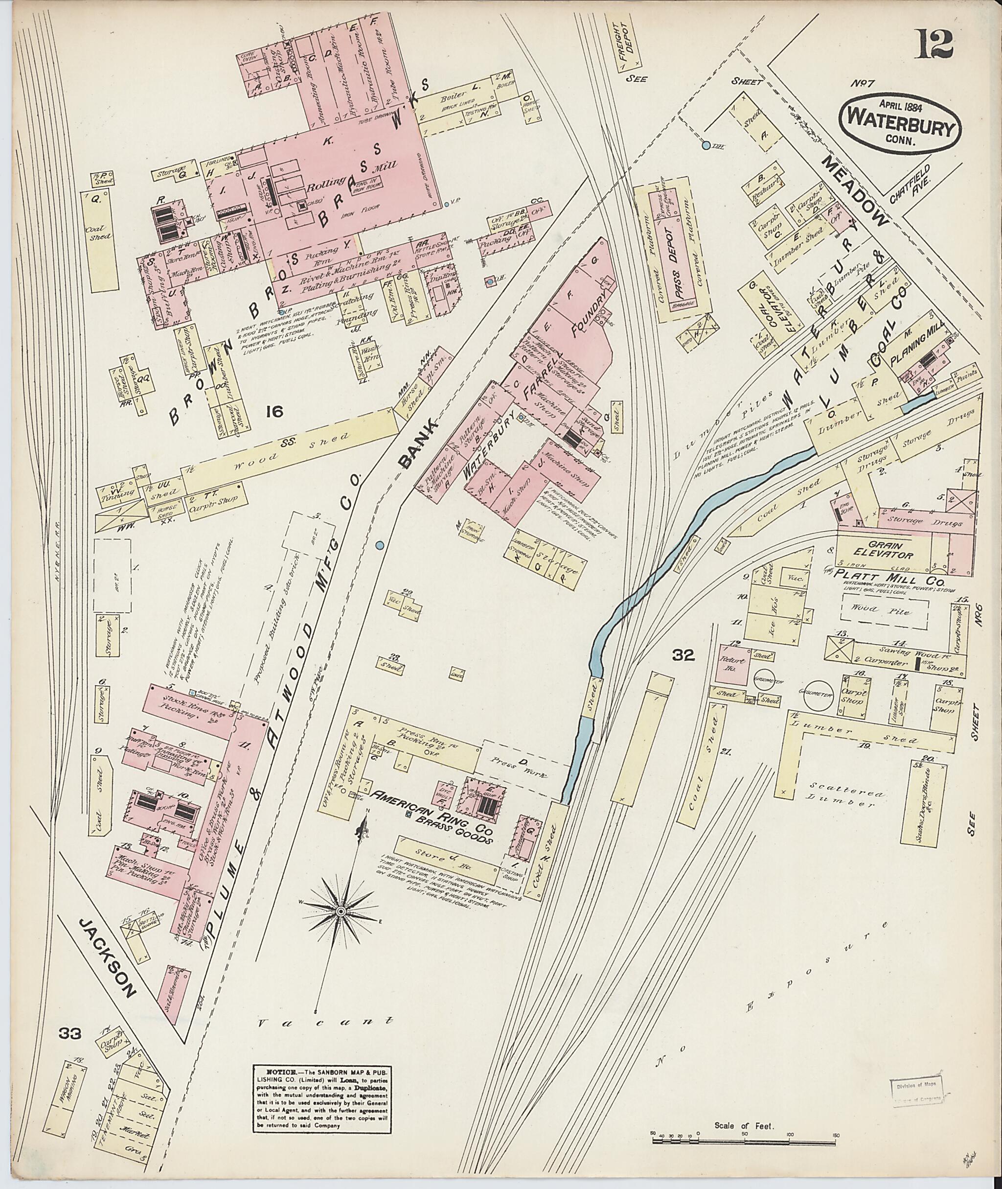This old map of Waterbury, New Haven County, Connecticut was created by Sanborn Map Company in 1884