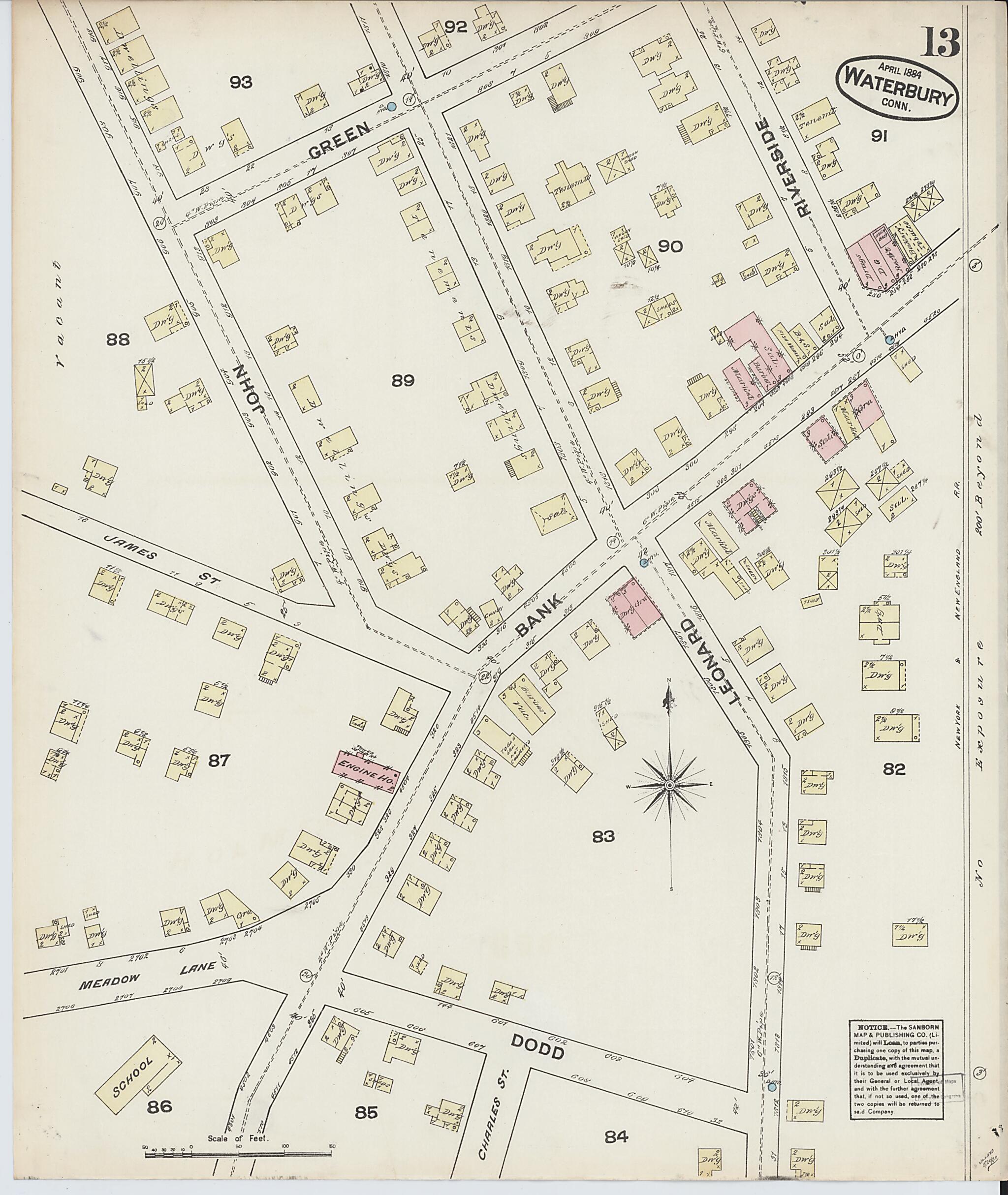 This old map of Waterbury, New Haven County, Connecticut was created by Sanborn Map Company in 1884