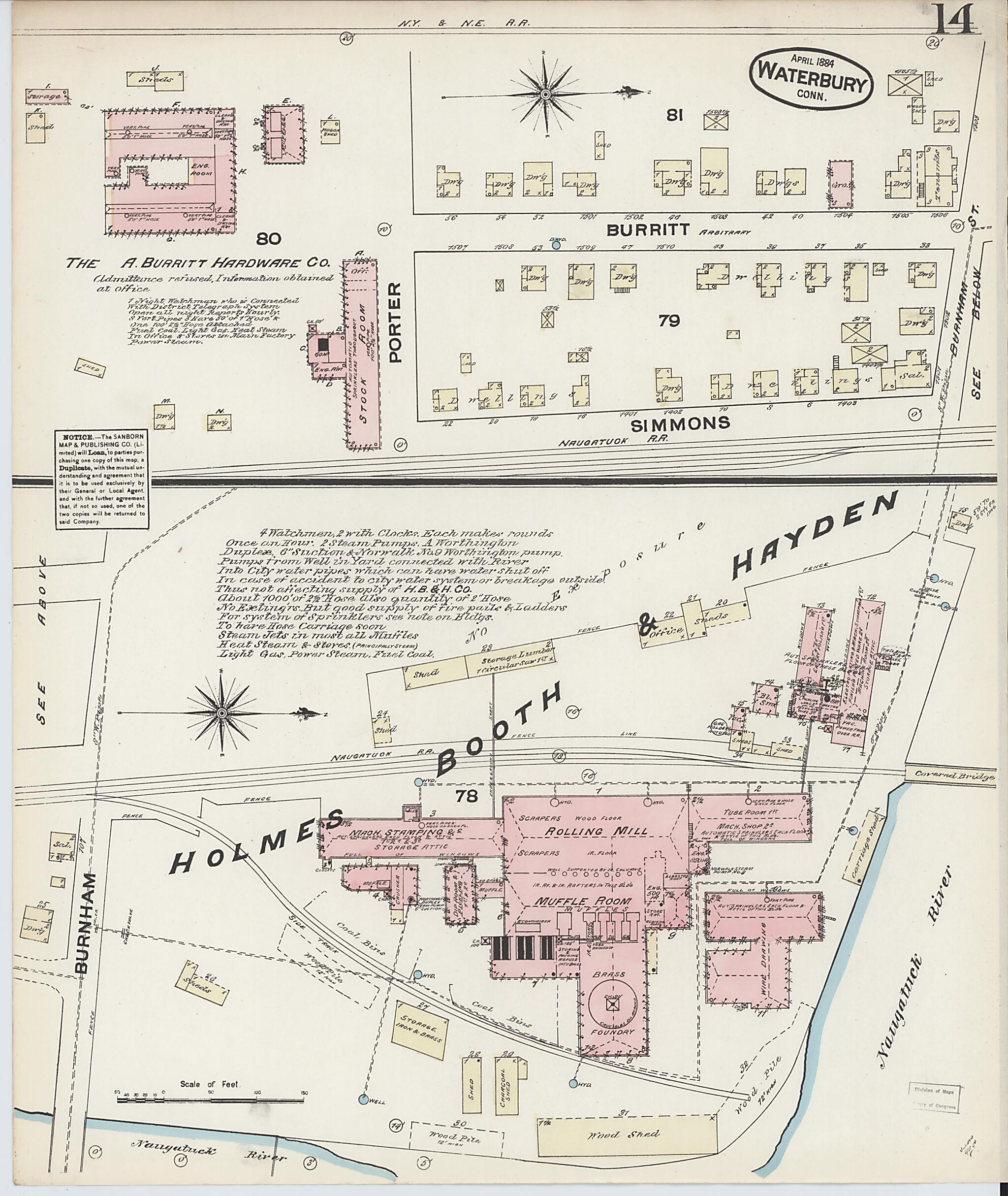 This old map of Waterbury, New Haven County, Connecticut was created by Sanborn Map Company in 1884