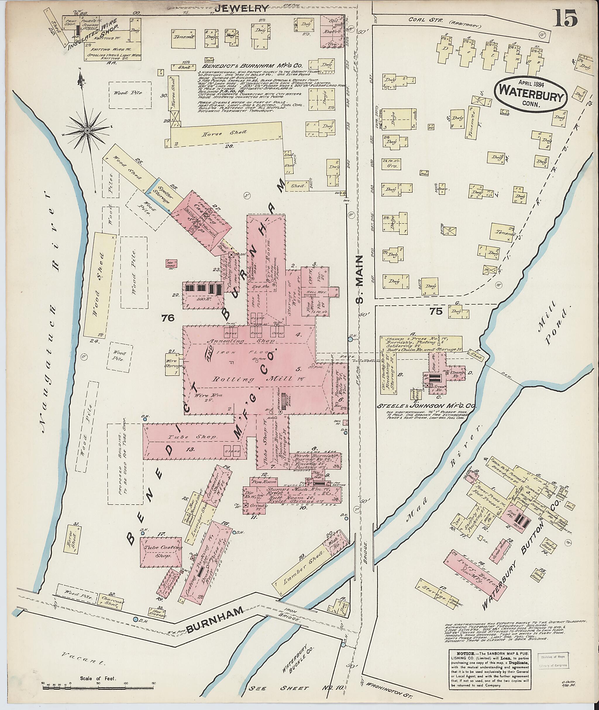 This old map of Waterbury, New Haven County, Connecticut was created by Sanborn Map Company in 1884