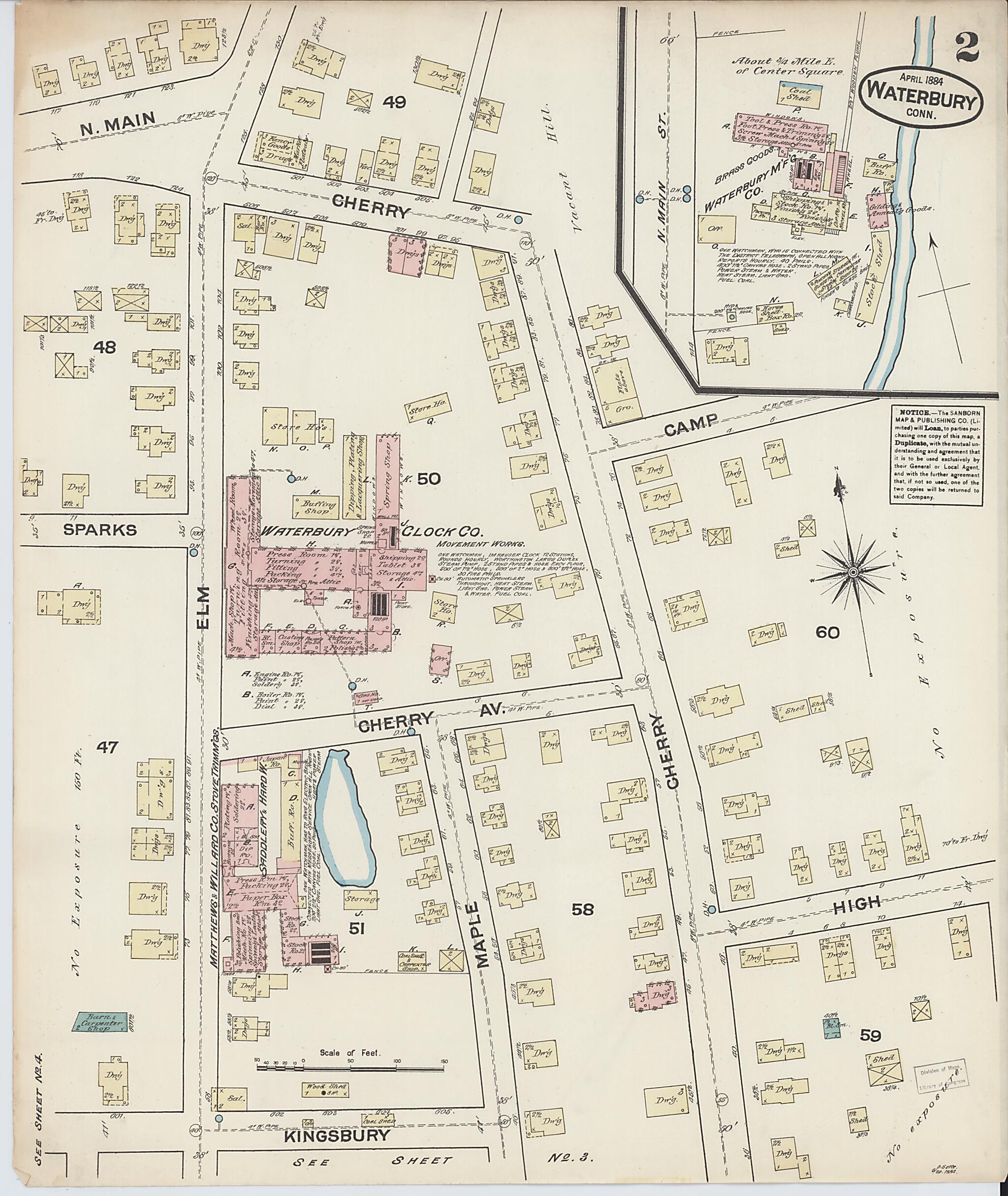This old map of Waterbury, New Haven County, Connecticut was created by Sanborn Map Company in 1884
