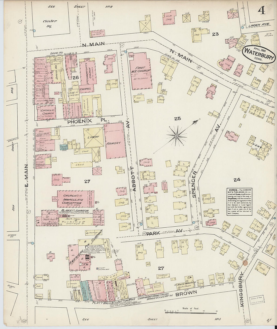This old map of Waterbury, New Haven County, Connecticut was created by Sanborn Map Company in 1884