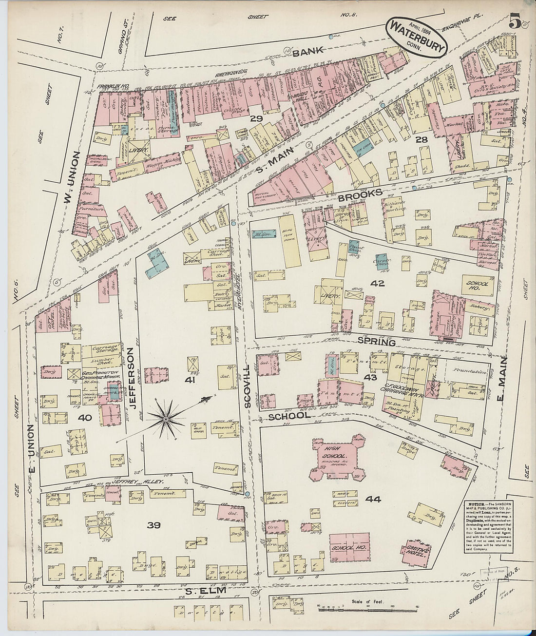 This old map of Waterbury, New Haven County, Connecticut was created by Sanborn Map Company in 1884