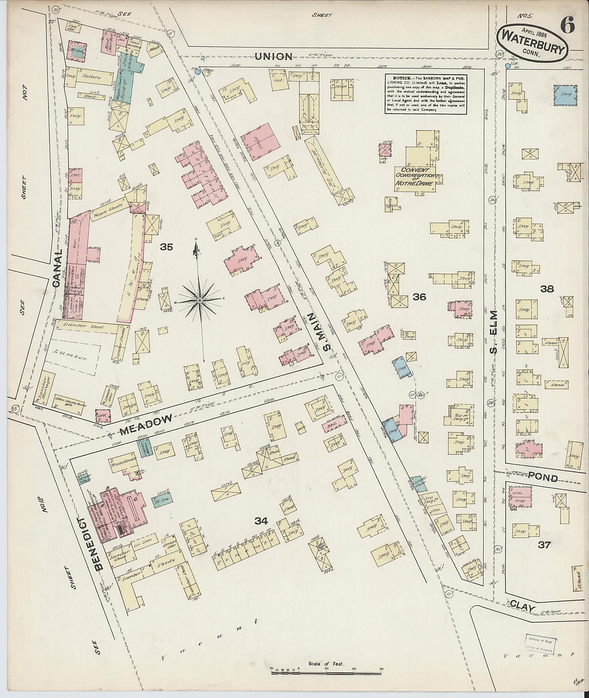 This old map of Waterbury, New Haven County, Connecticut was created by Sanborn Map Company in 1884
