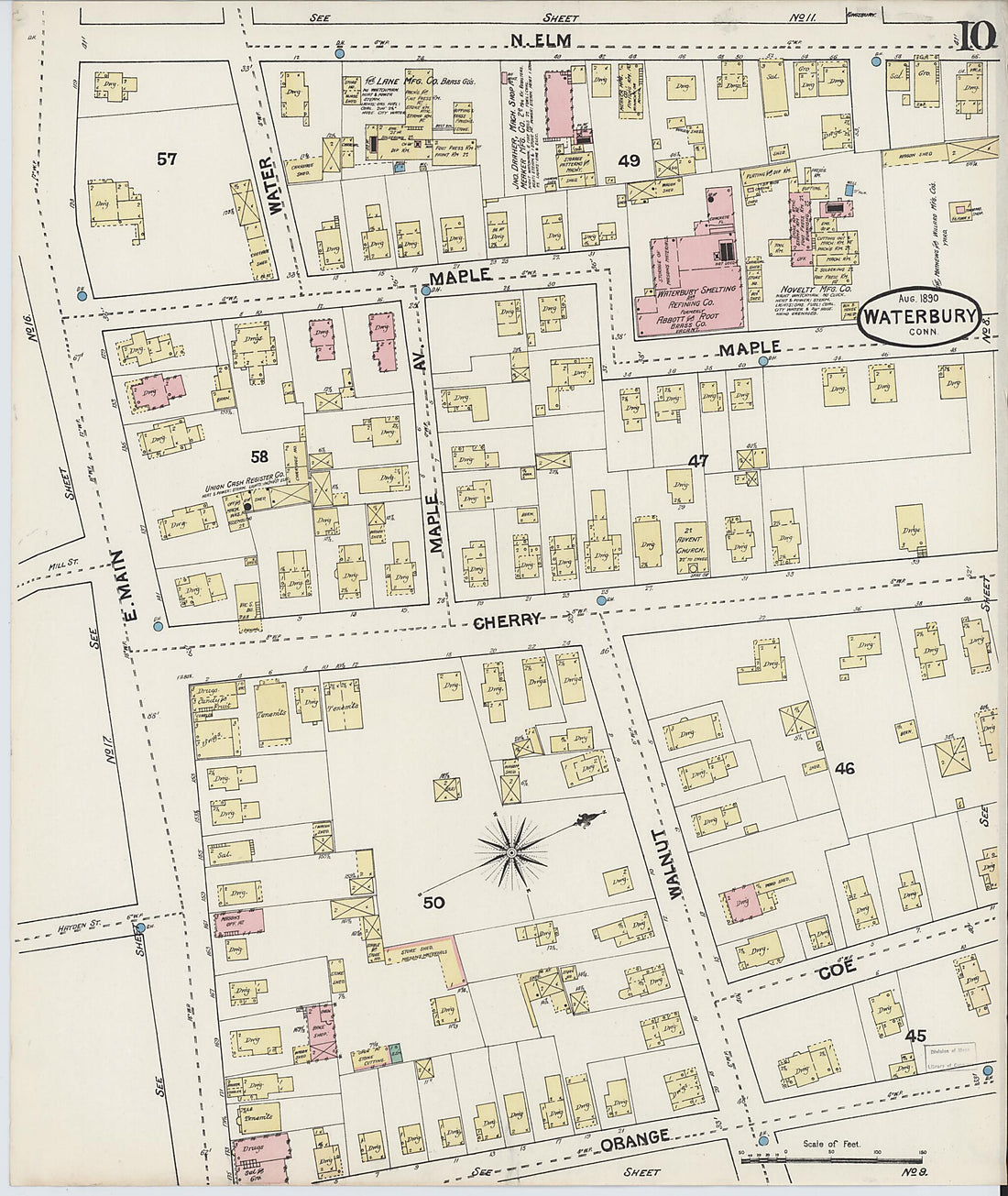 This old map of Waterbury, New Haven County, Connecticut was created by Sanborn Map Company in 1890