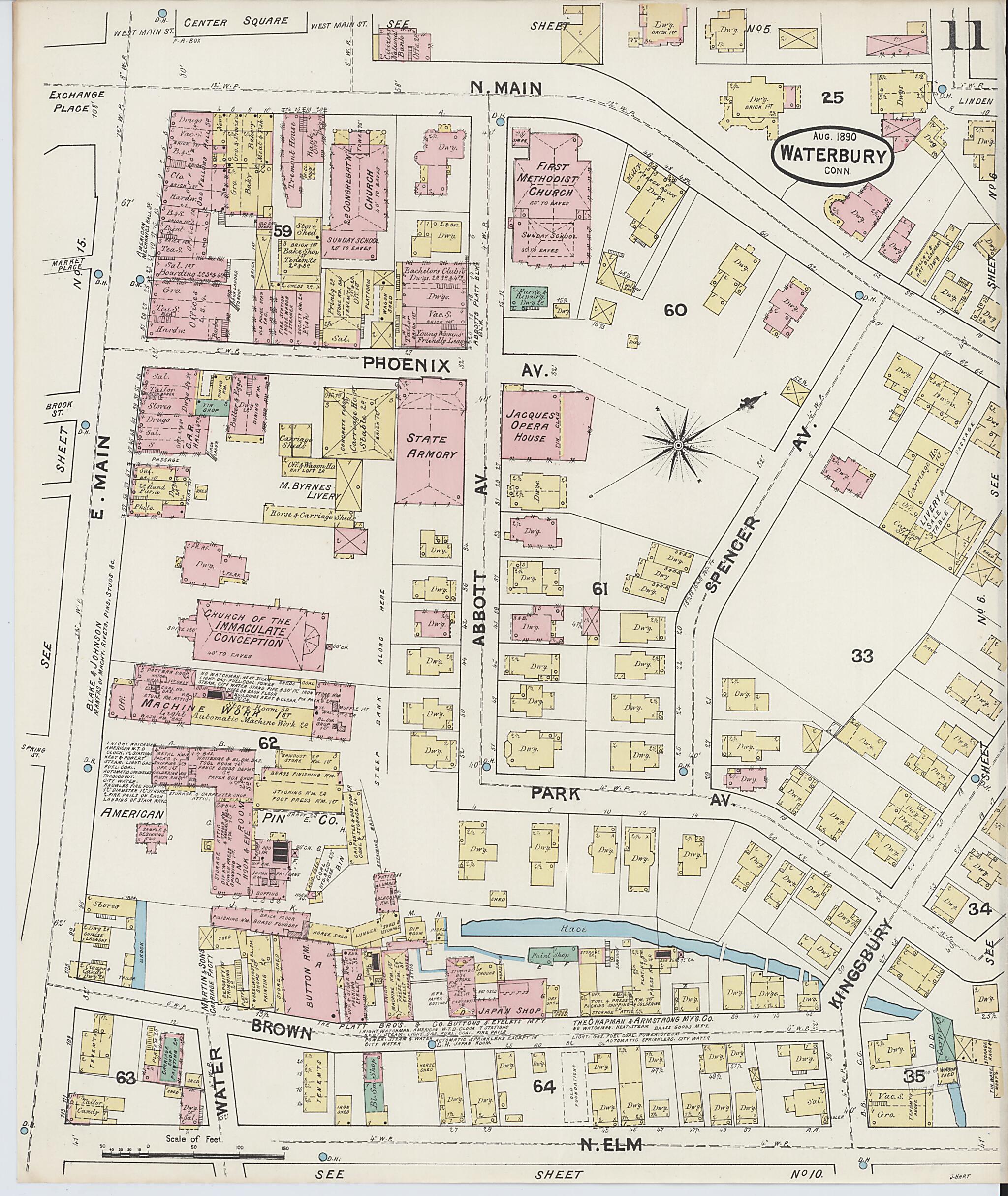 This old map of Waterbury, New Haven County, Connecticut was created by Sanborn Map Company in 1890