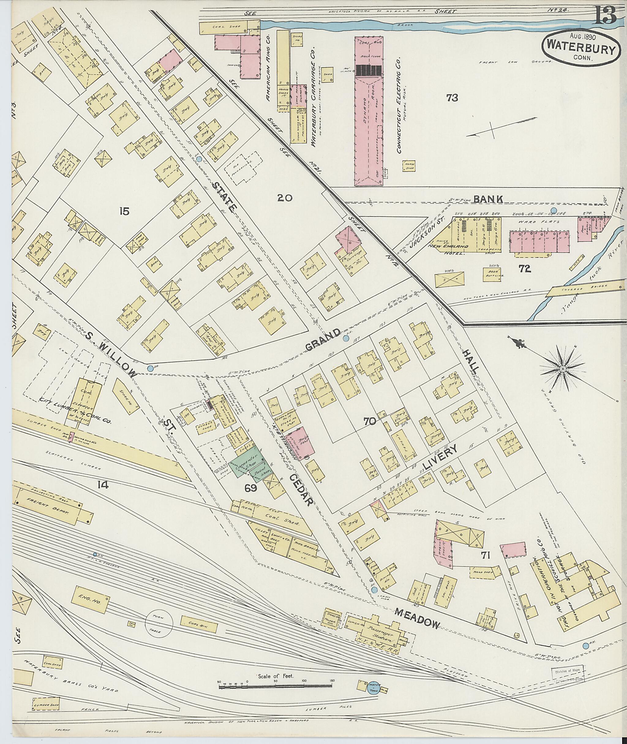 This old map of Waterbury, New Haven County, Connecticut was created by Sanborn Map Company in 1890