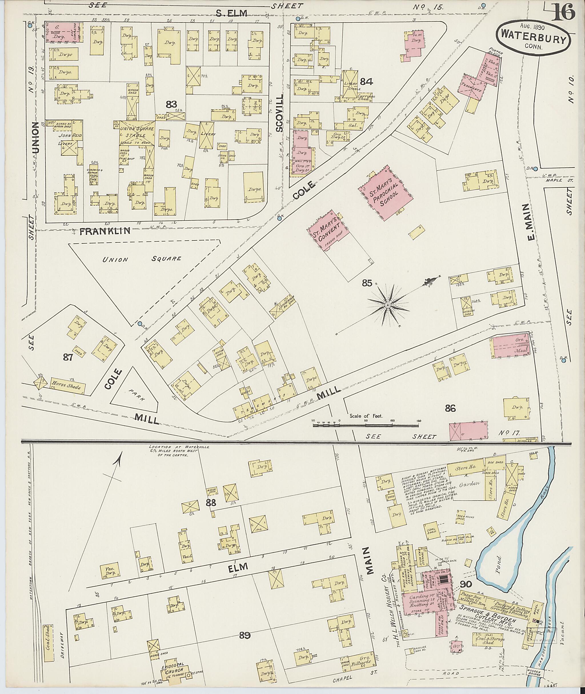 This old map of Waterbury, New Haven County, Connecticut was created by Sanborn Map Company in 1890