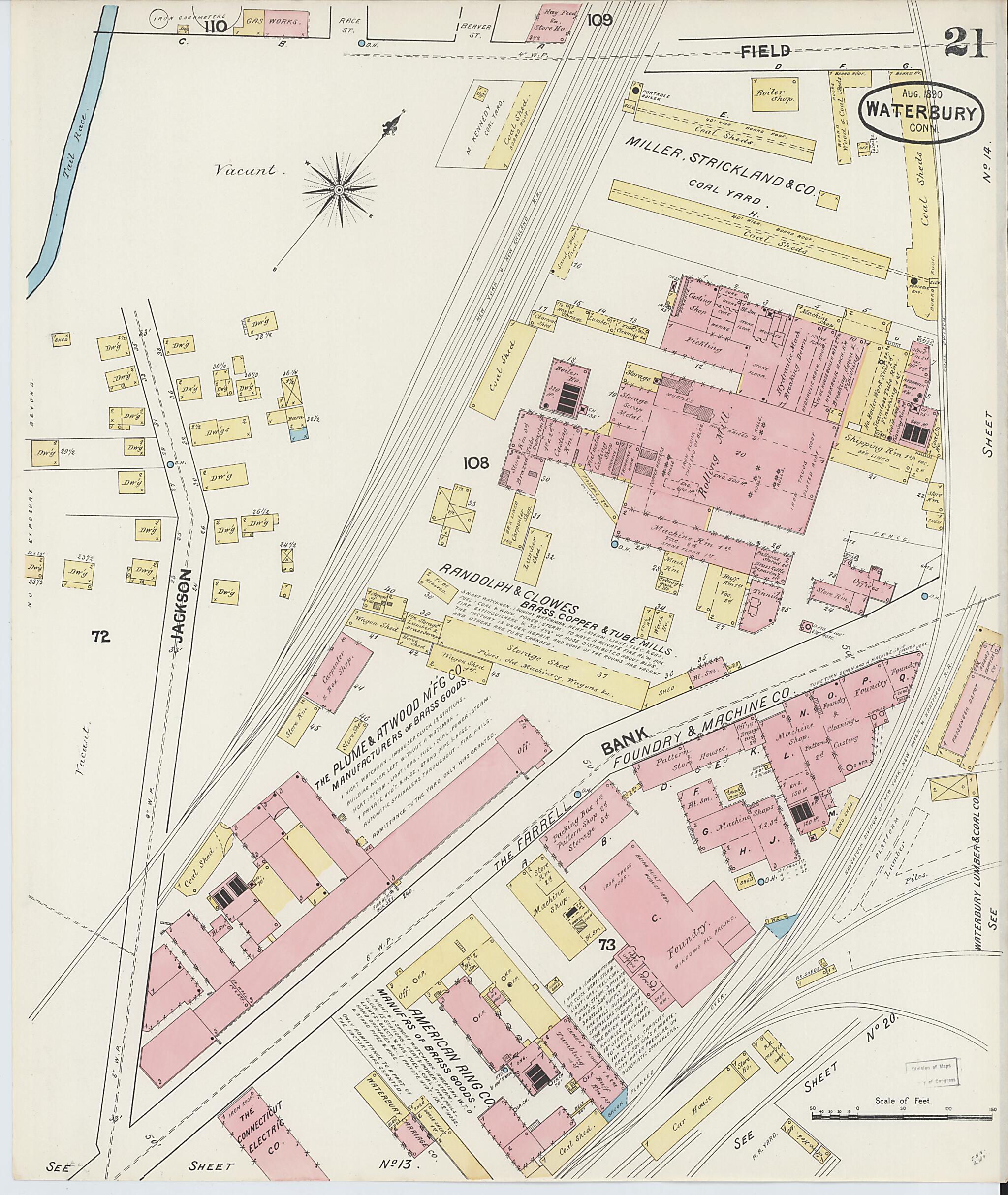This old map of Waterbury, New Haven County, Connecticut was created by Sanborn Map Company in 1890
