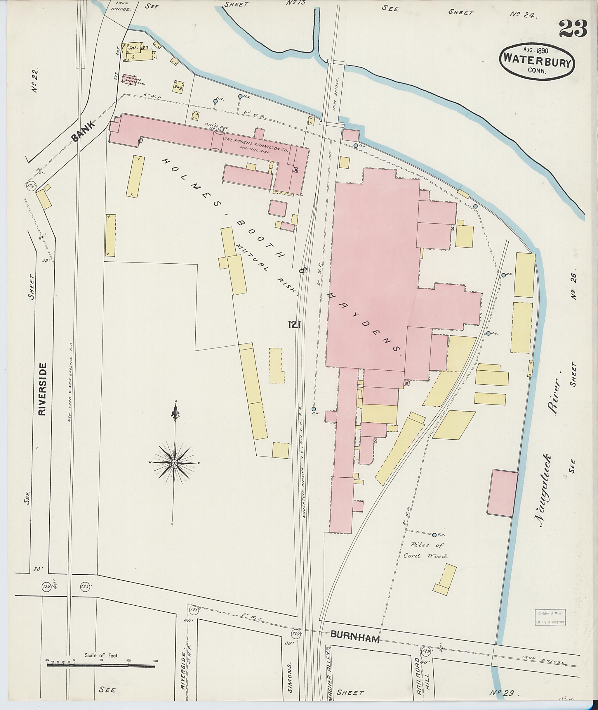 This old map of Waterbury, New Haven County, Connecticut was created by Sanborn Map Company in 1890
