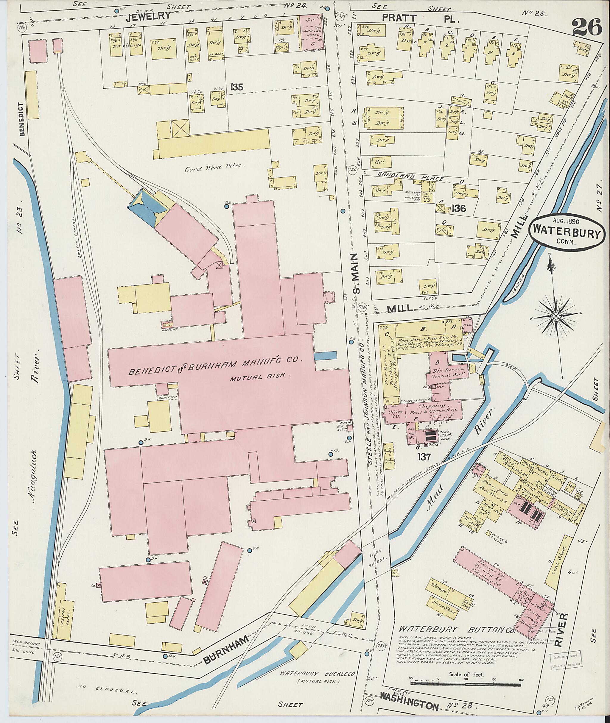 This old map of Waterbury, New Haven County, Connecticut was created by Sanborn Map Company in 1890