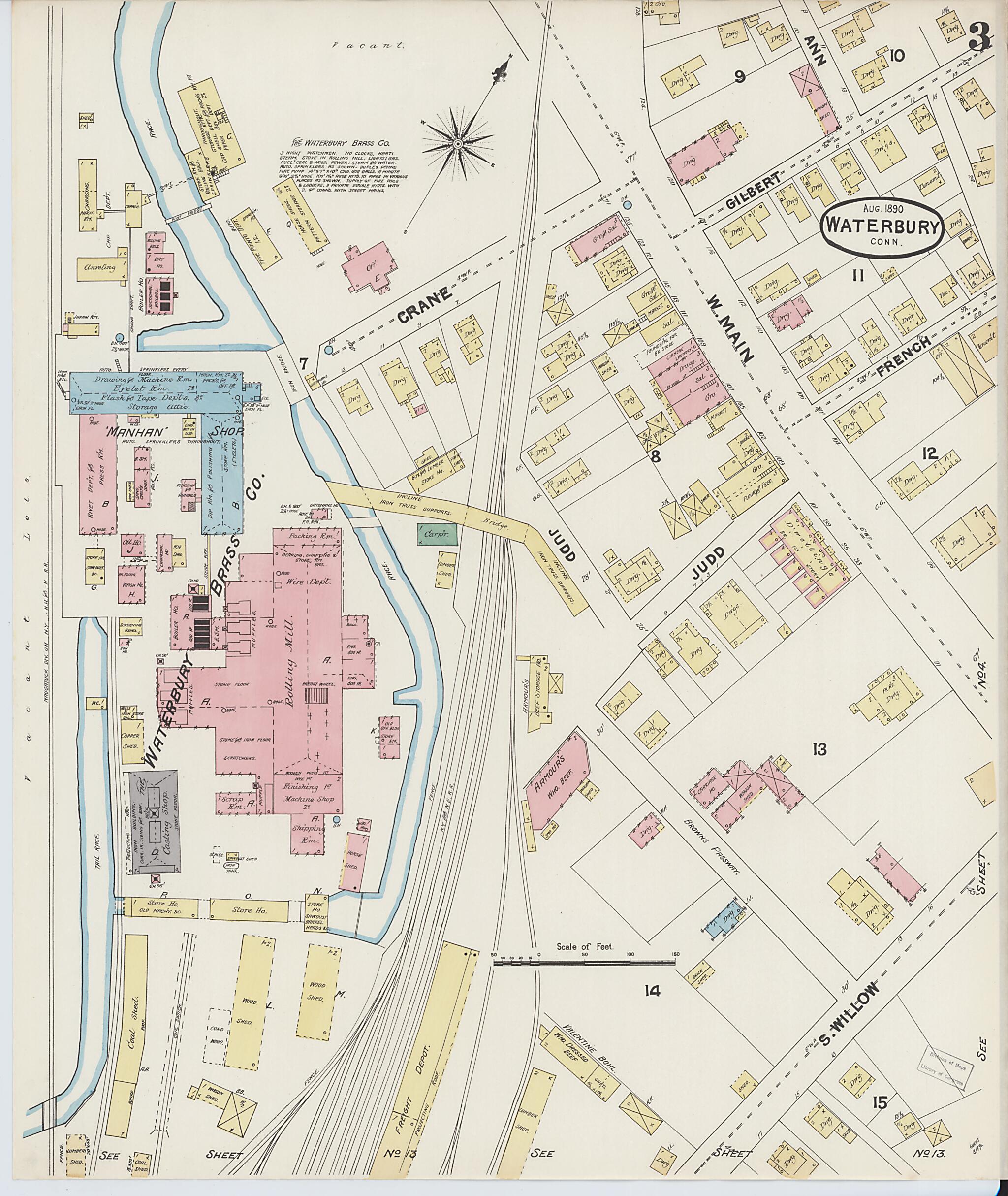This old map of Waterbury, New Haven County, Connecticut was created by Sanborn Map Company in 1890