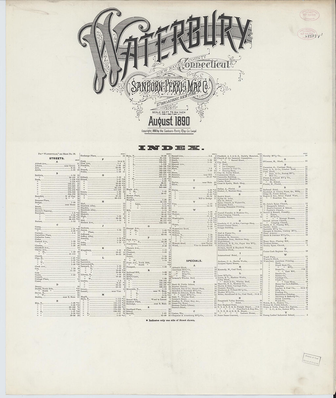 This old map of Waterbury, New Haven County, Connecticut was created by Sanborn Map Company in 1890