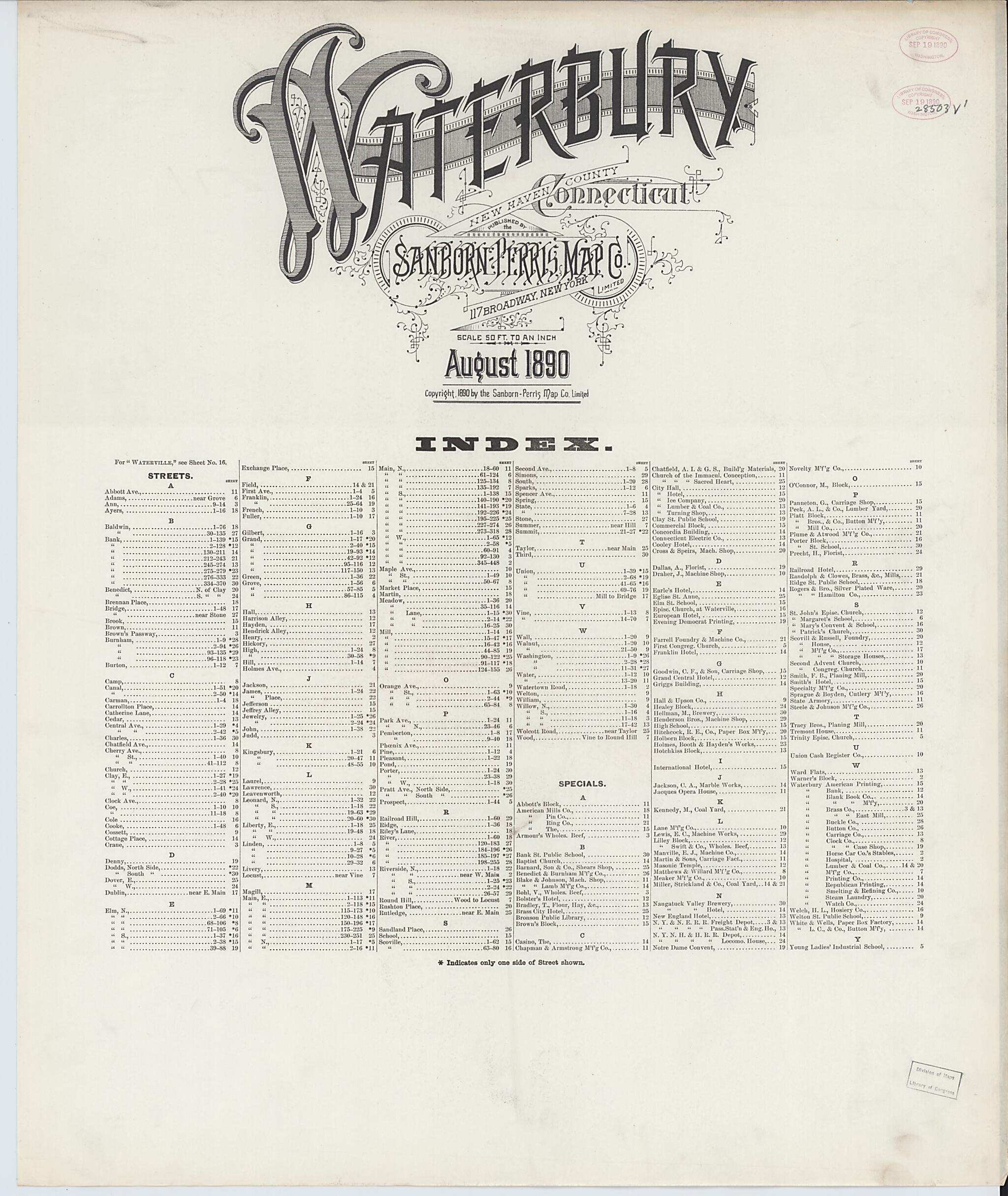This old map of Waterbury, New Haven County, Connecticut was created by Sanborn Map Company in 1890