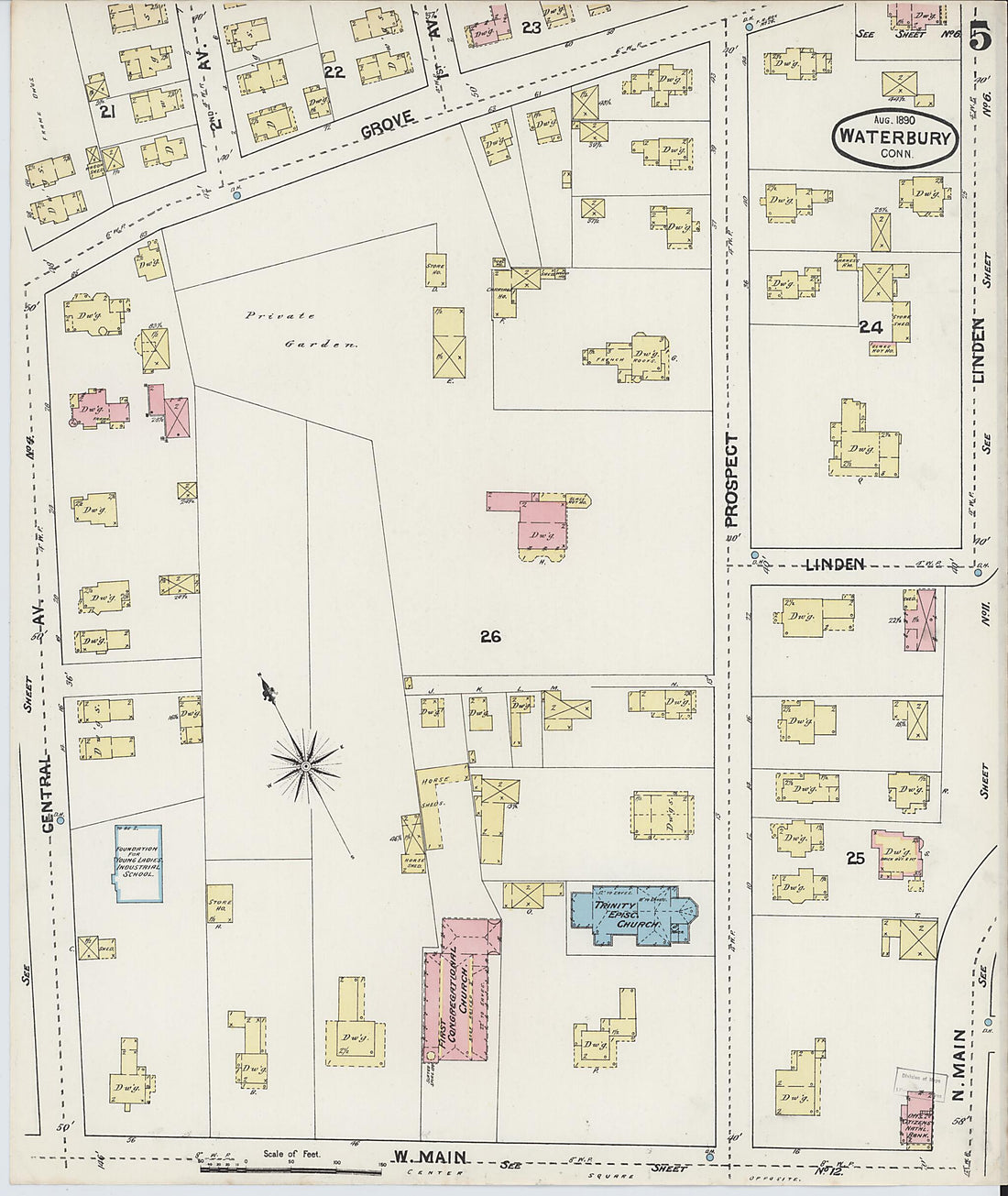 This old map of Waterbury, New Haven County, Connecticut was created by Sanborn Map Company in 1890