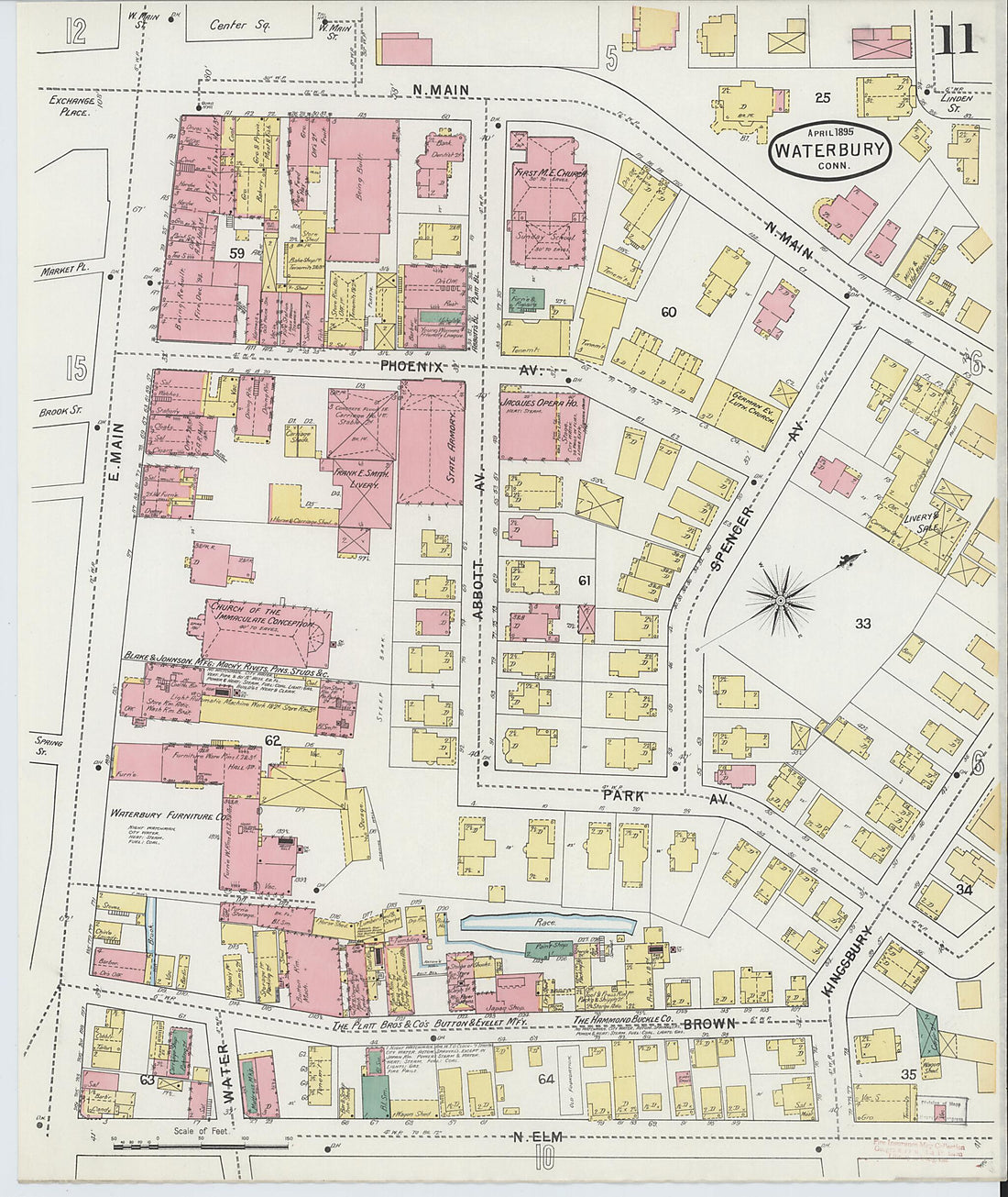 This old map of Waterbury, New Haven County, Connecticut was created by Sanborn Map Company in 1895
