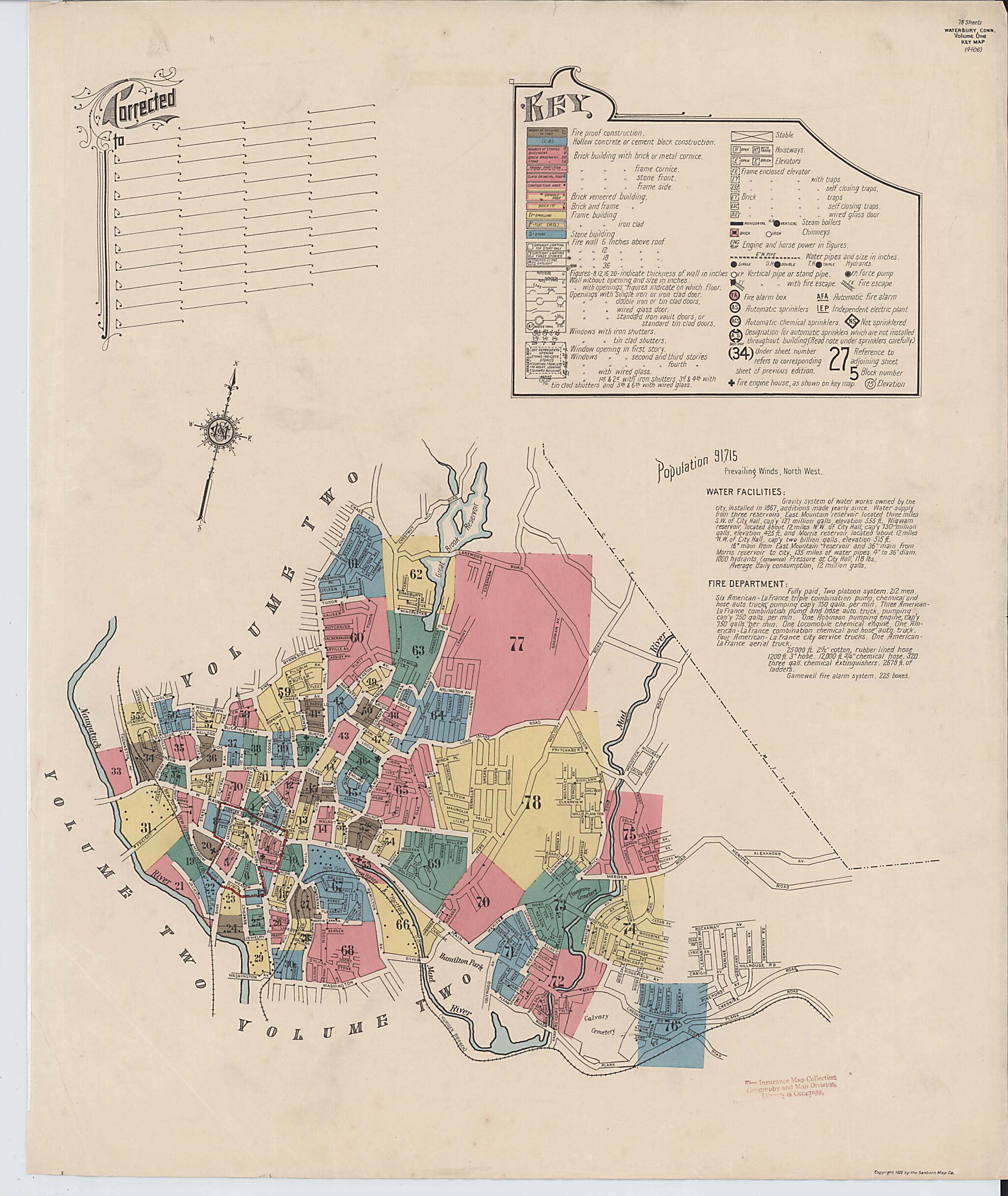 This old map of Waterbury, New Haven County, Connecticut was created by Sanborn Map Company in 1922