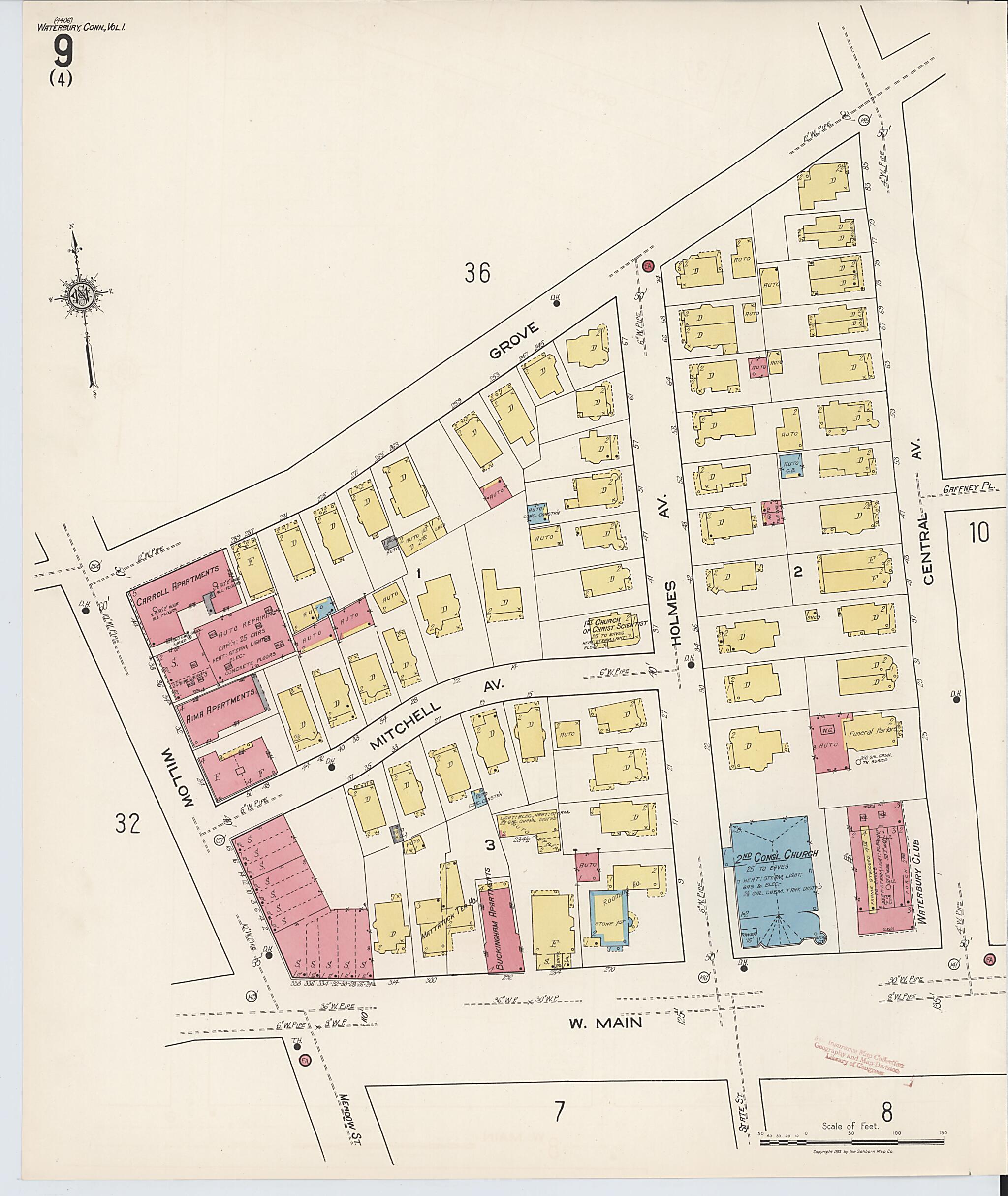 This old map of Waterbury, New Haven County, Connecticut was created by Sanborn Map Company in 1922
