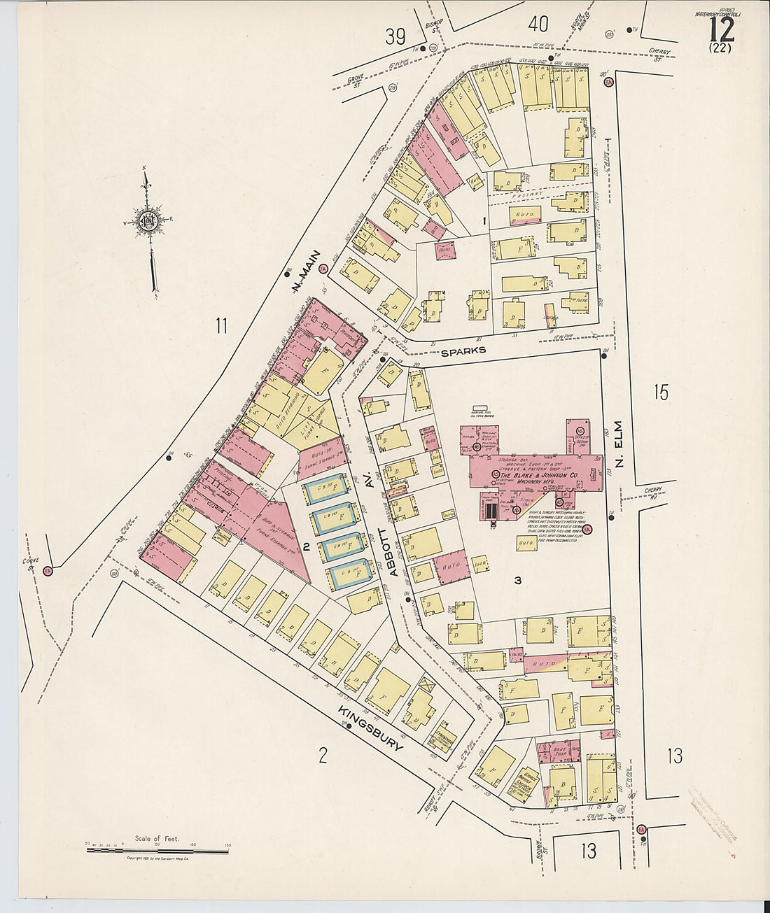This old map of Waterbury, New Haven County, Connecticut was created by Sanborn Map Company in 1922