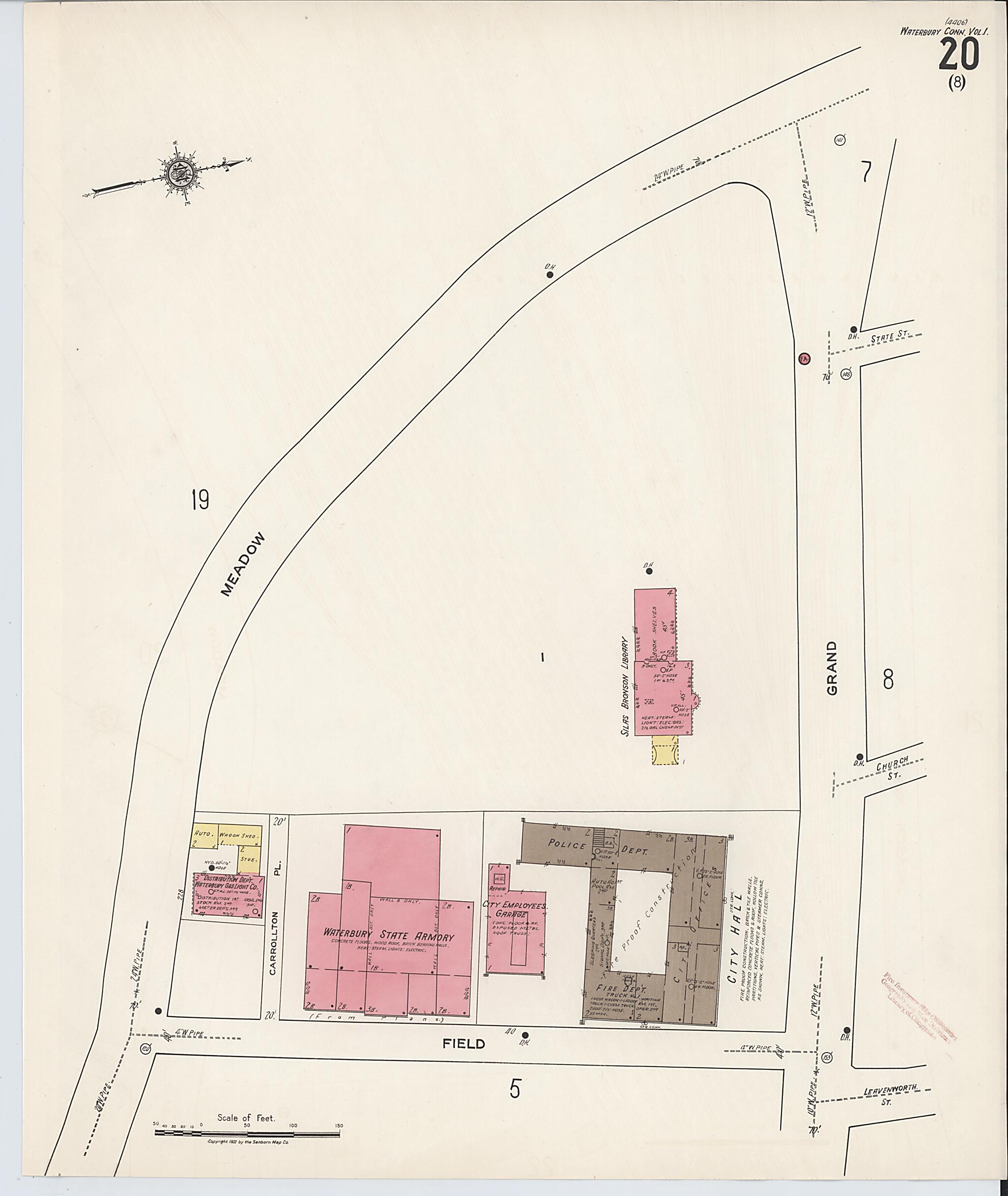 This old map of Waterbury, New Haven County, Connecticut was created by Sanborn Map Company in 1922