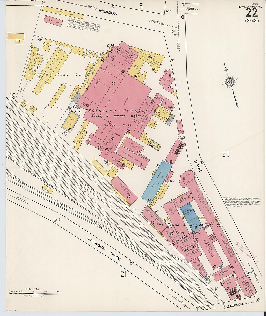 This old map of Waterbury, New Haven County, Connecticut was created by Sanborn Map Company in 1922