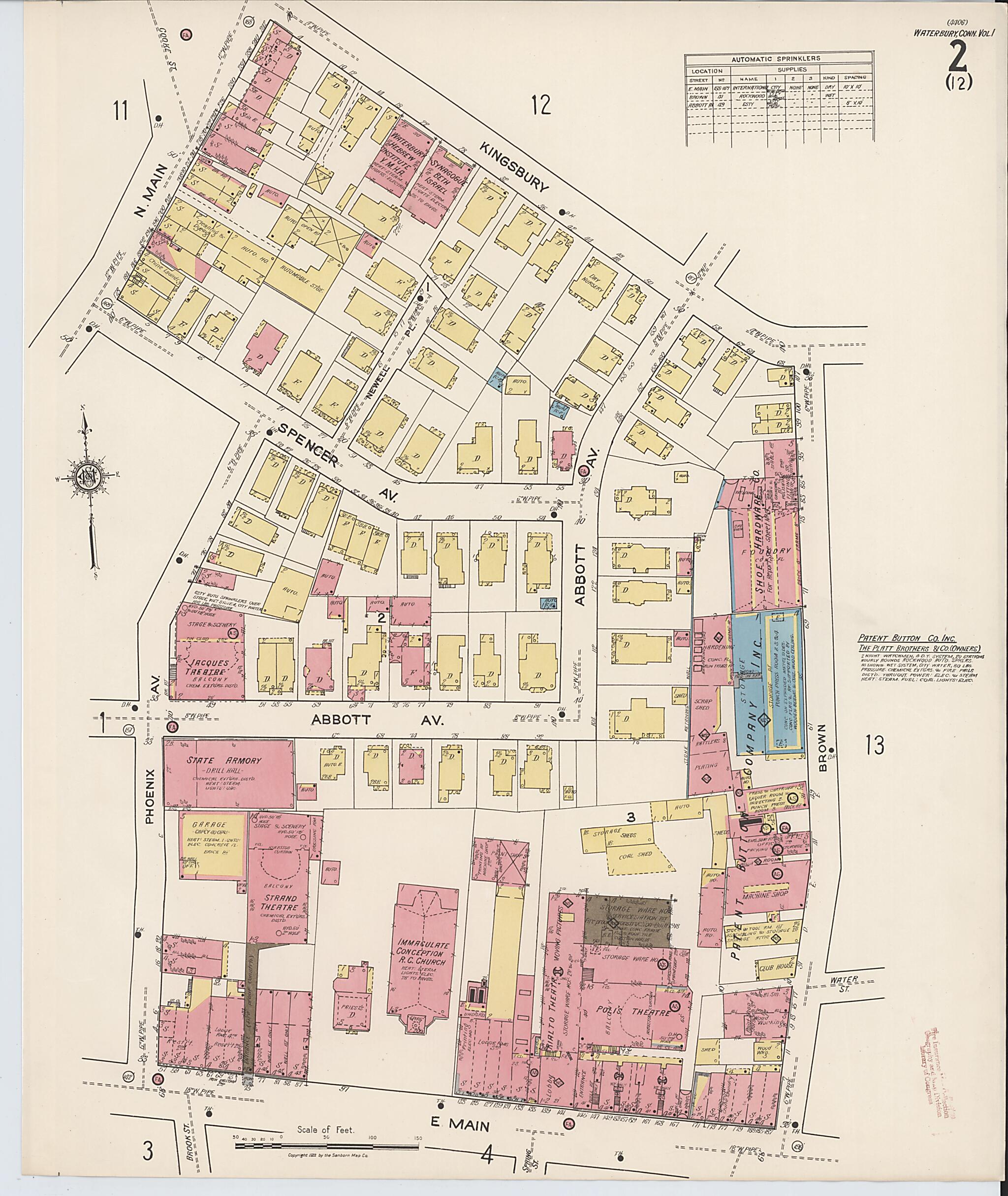 This old map of Waterbury, New Haven County, Connecticut was created by Sanborn Map Company in 1922