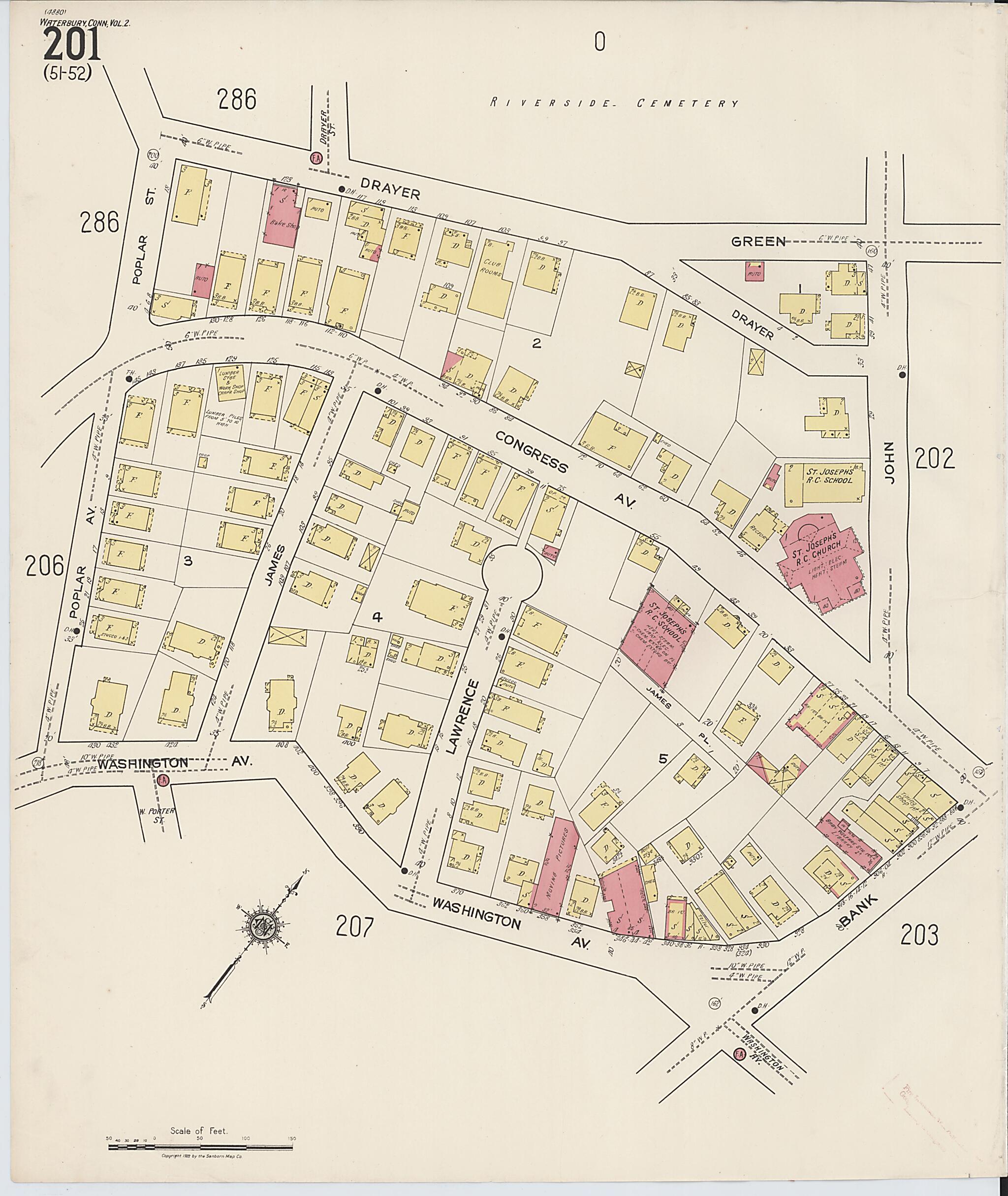 This old map of Waterbury, New Haven County, Connecticut was created by Sanborn Map Company in 1922