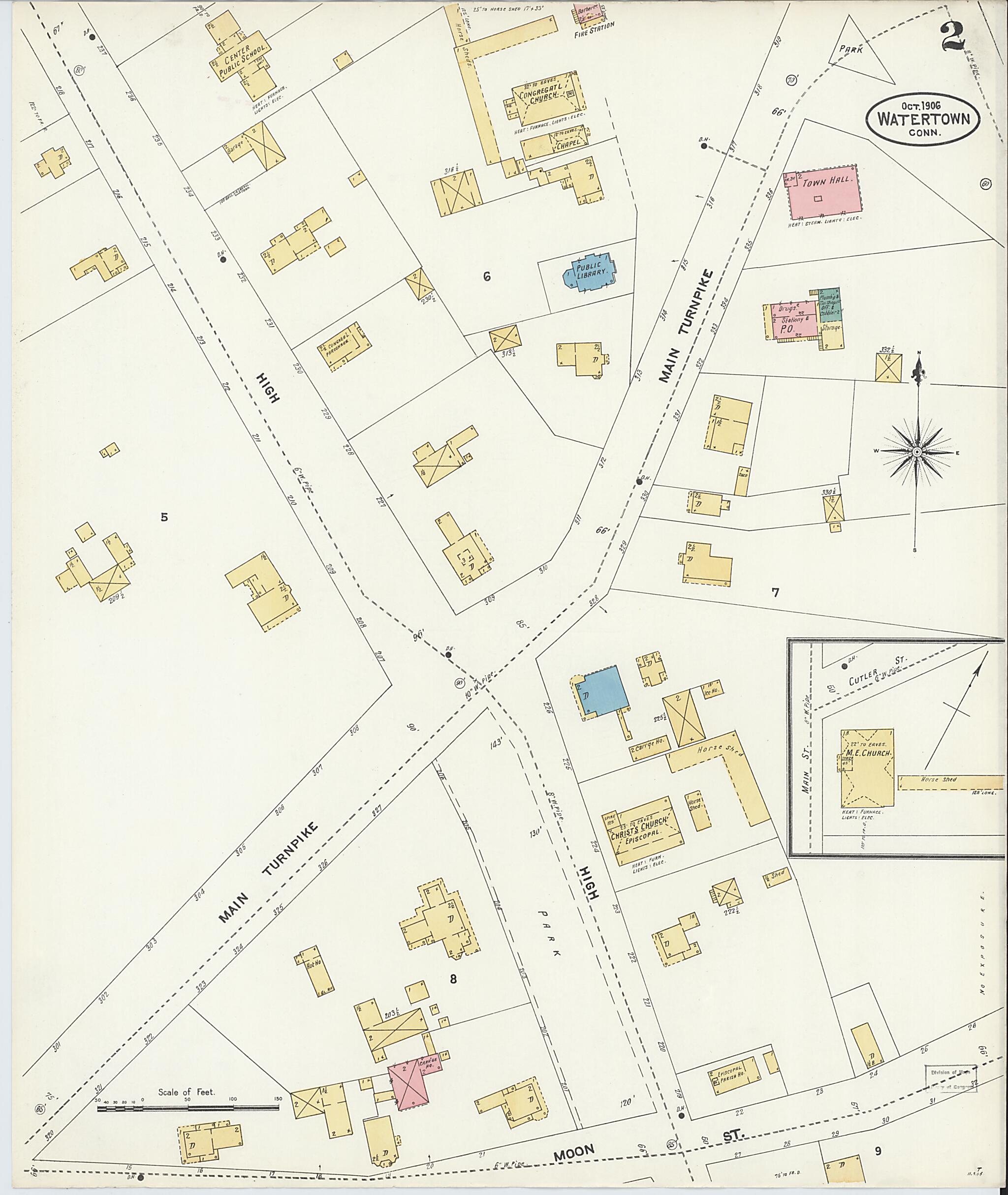 This old map of Watertown, Litchfield County, Connecticut was created by Sanborn Map Company in 1906