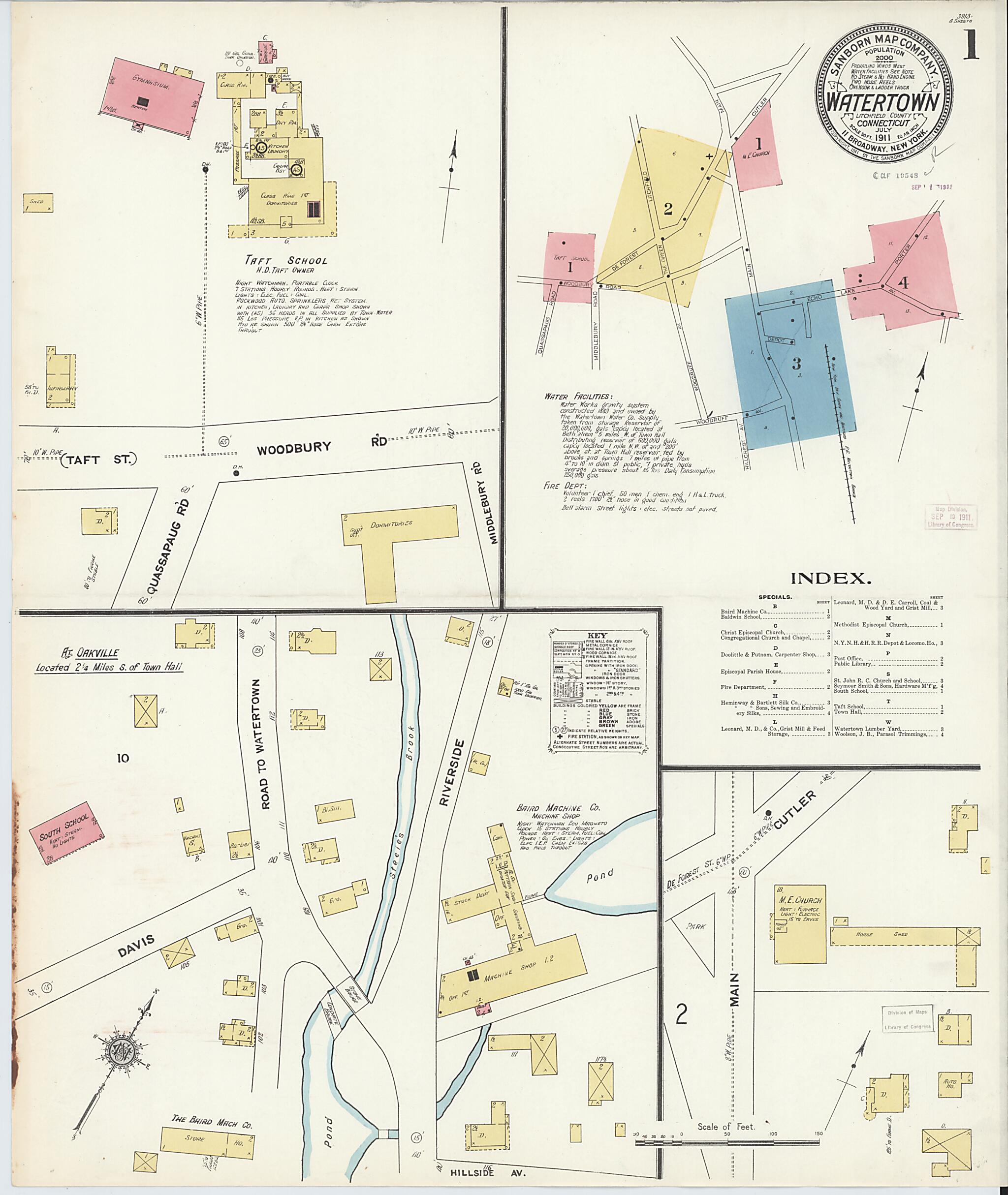 This old map of Watertown, Litchfield County, Connecticut was created by Sanborn Map Company in 1911