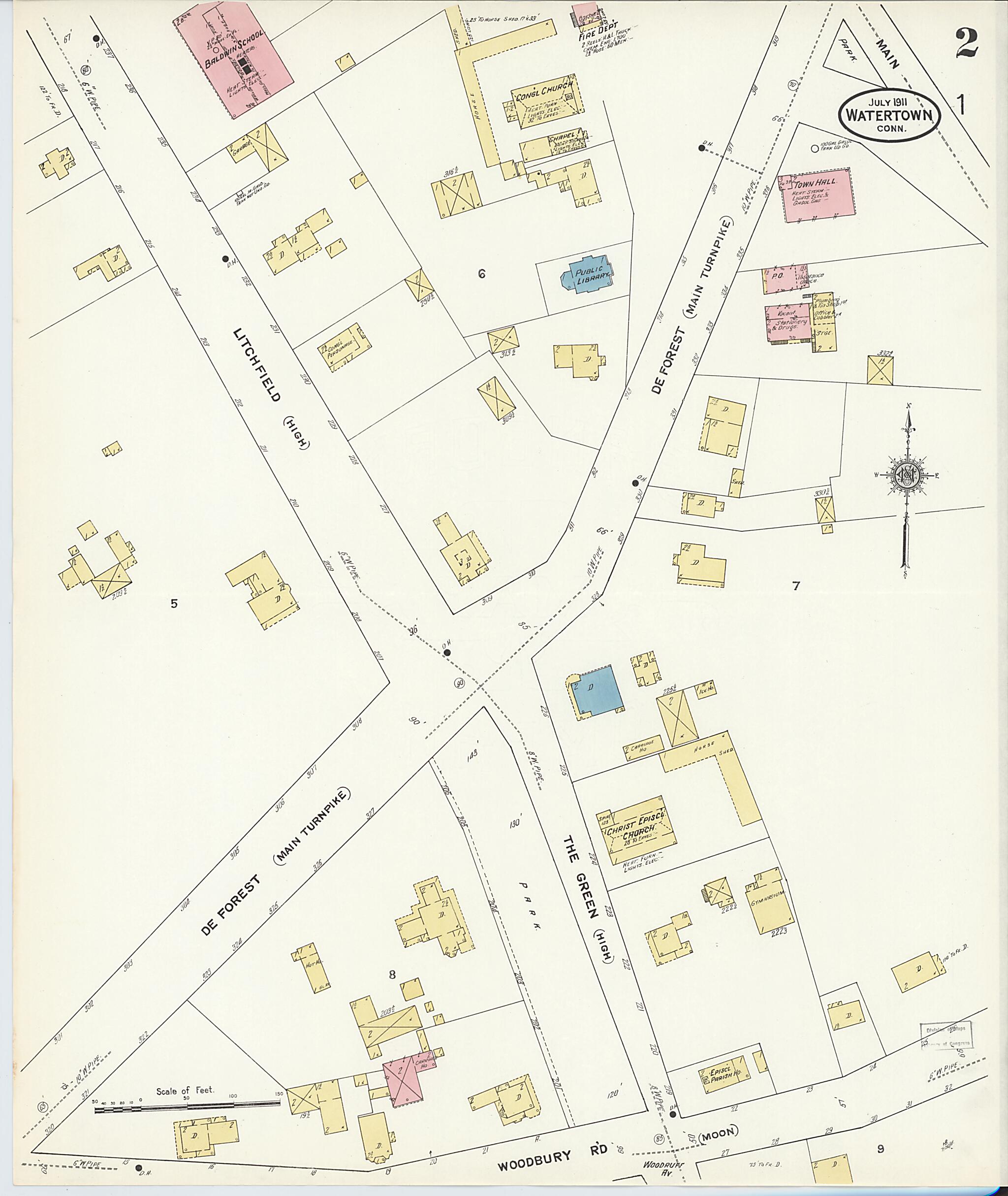 This old map of Watertown, Litchfield County, Connecticut was created by Sanborn Map Company in 1911