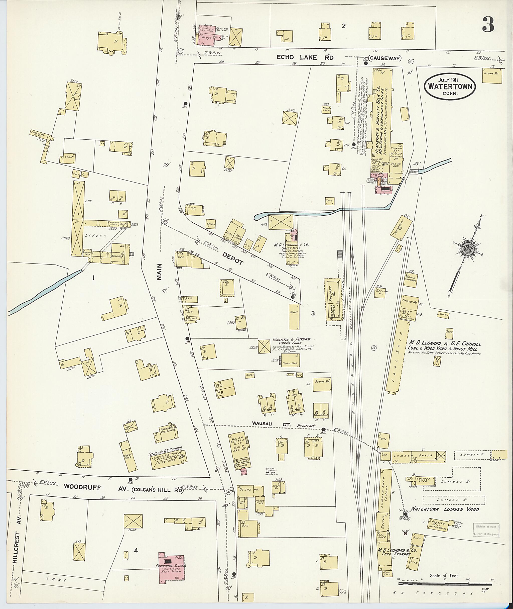 This old map of Watertown, Litchfield County, Connecticut was created by Sanborn Map Company in 1911