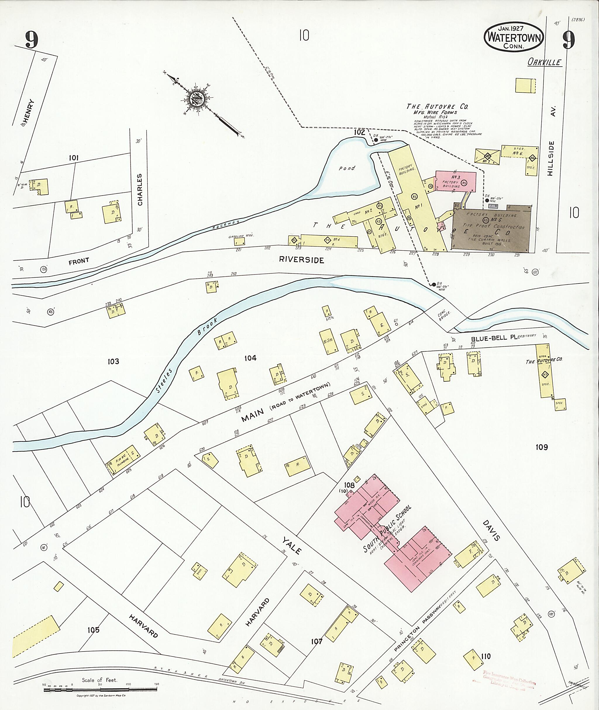 This old map of Watertown, Litchfield County, Connecticut was created by Sanborn Map Company in 1927