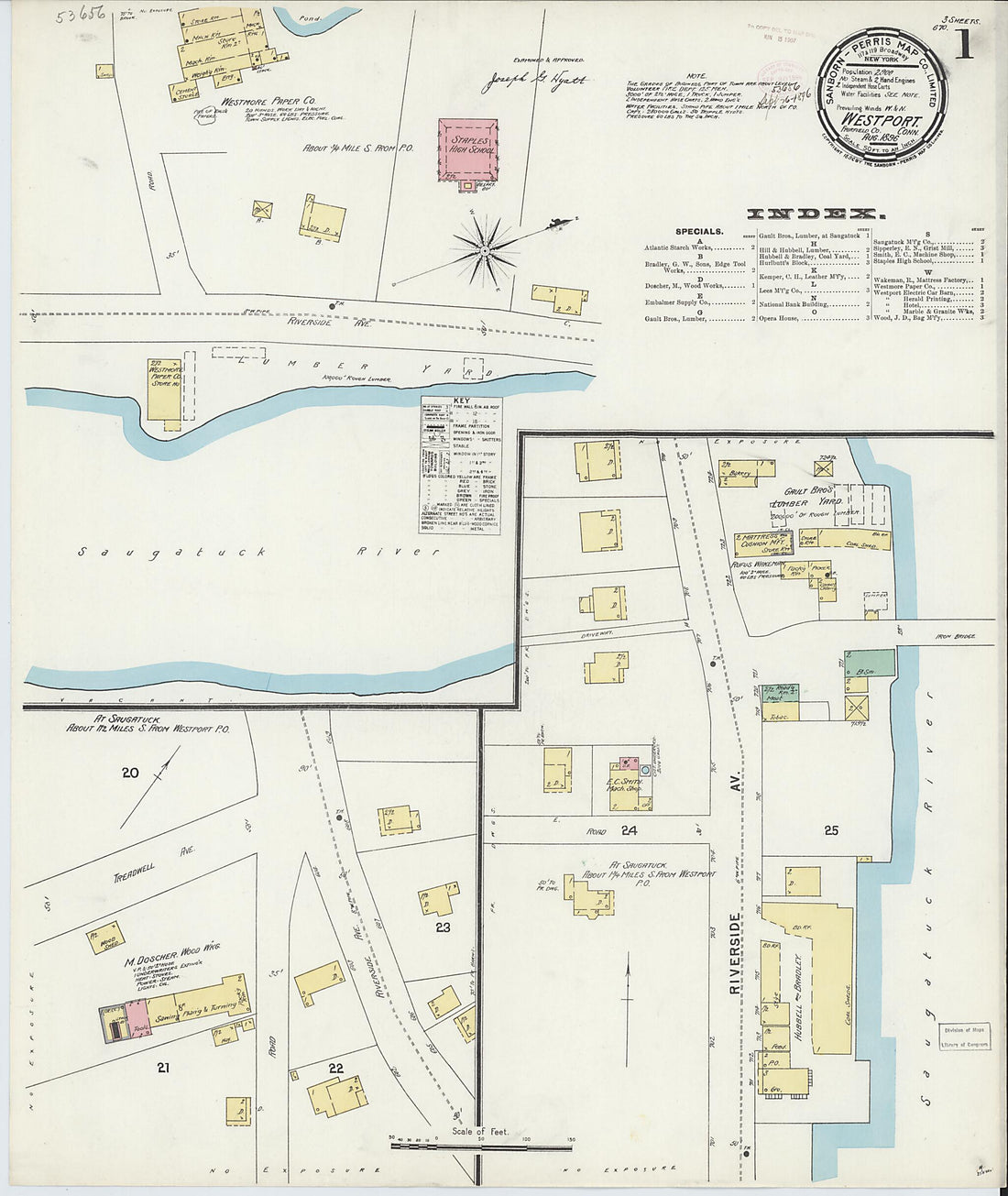 This old map of Westport, Fairfield County, Connecticut was created by Sanborn Map Company in 1896