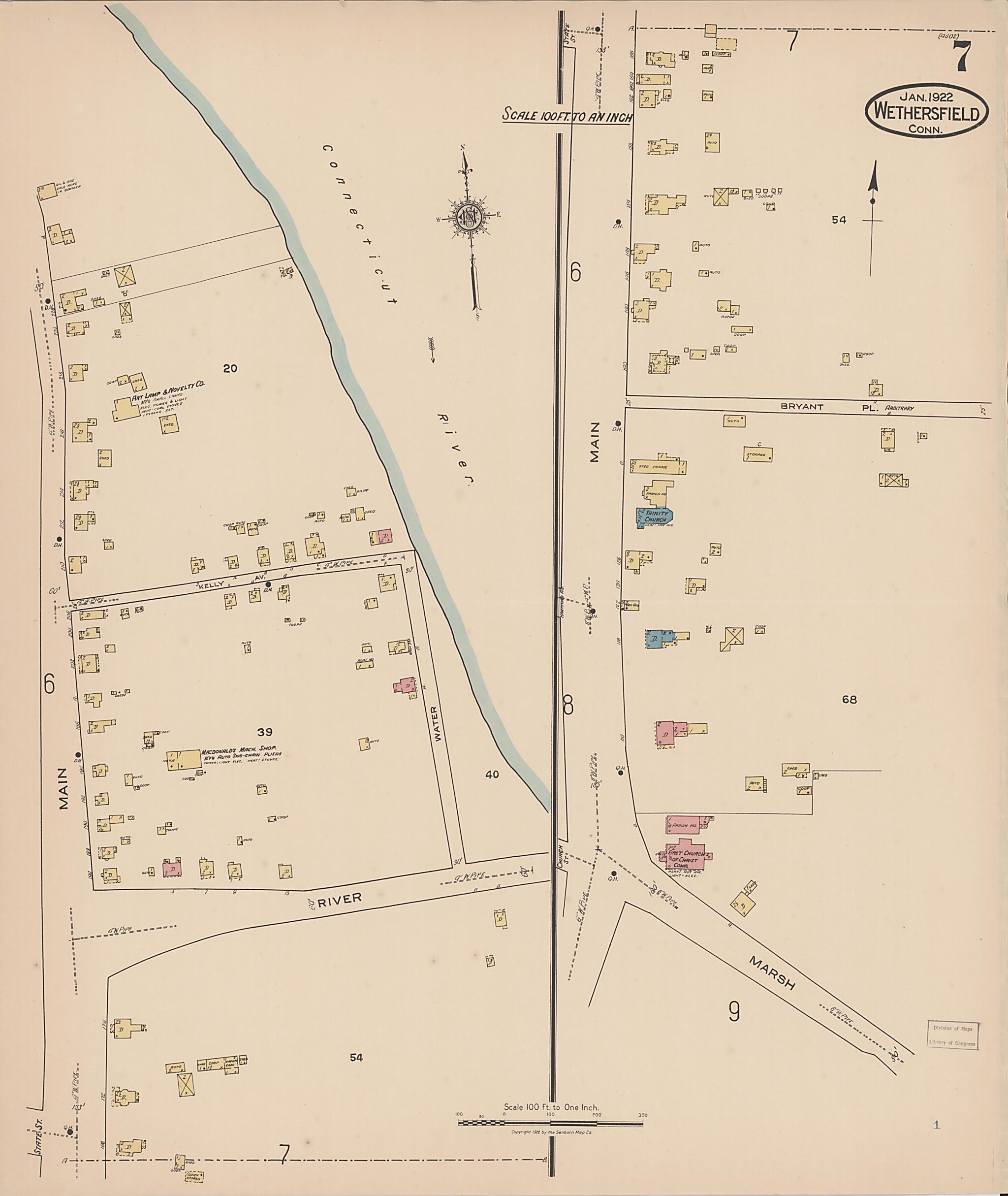 This old map of Wethersfield, Hartford County, Connecticut was created by Sanborn Map Company in 1922