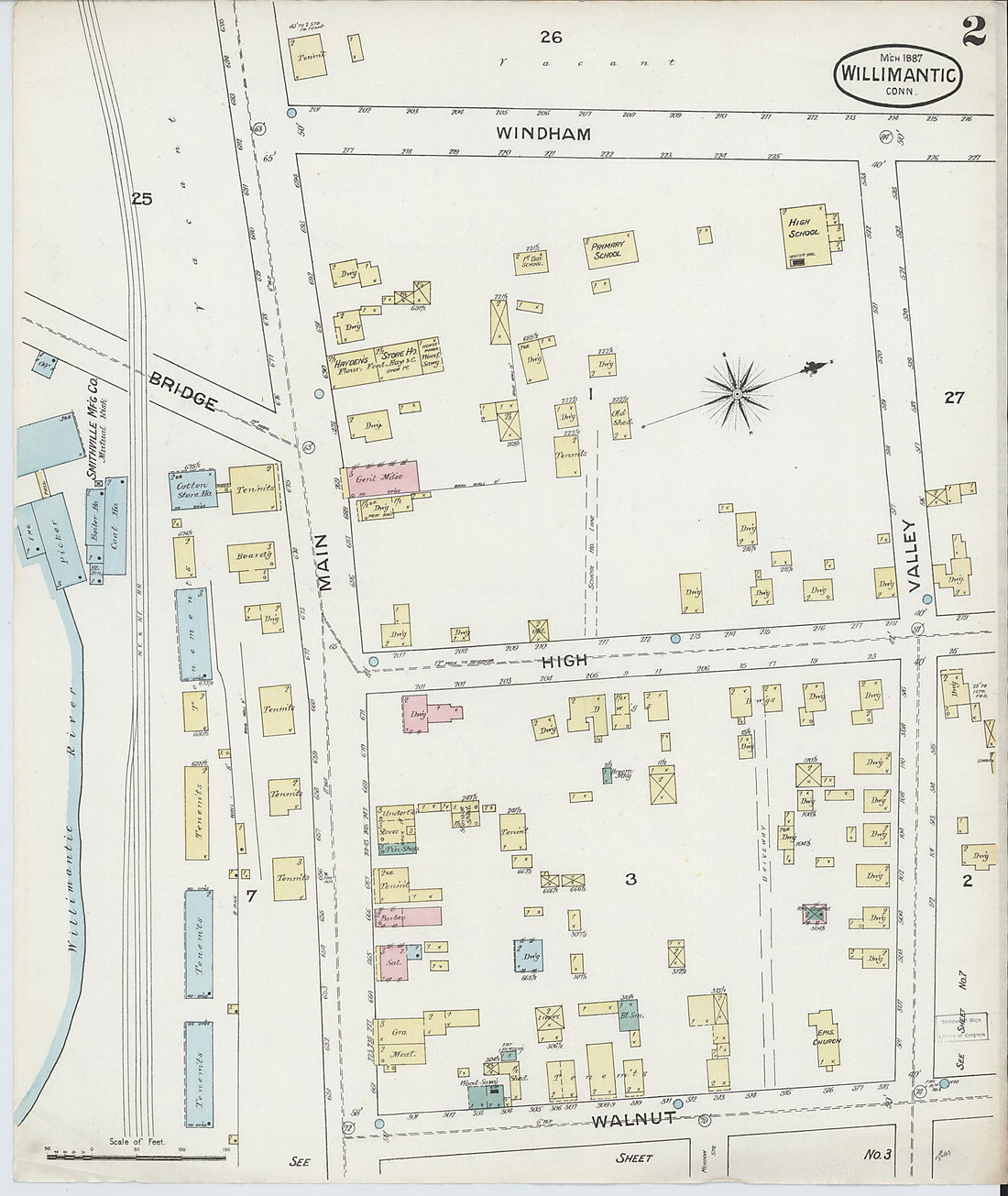 This old map of Willimantic, Windham County, Connecticut was created by Sanborn Map Company in 1887