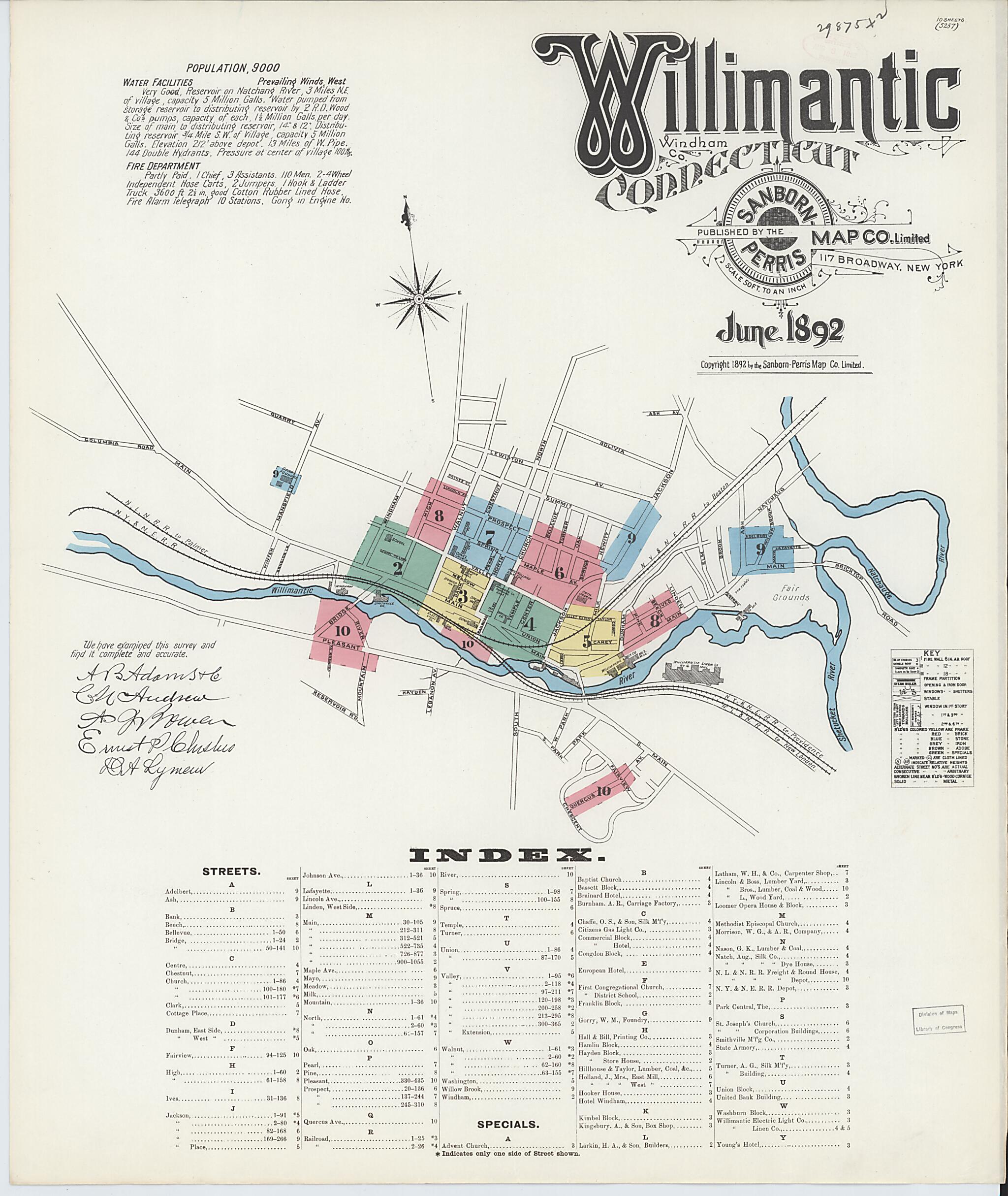 This old map of Willimantic, Windham County, Connecticut was created by Sanborn Map Company in 1892
