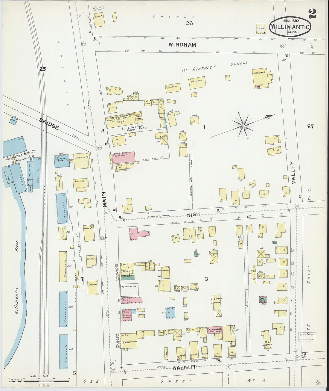 This old map of Willimantic, Windham County, Connecticut was created by Sanborn Map Company in 1892