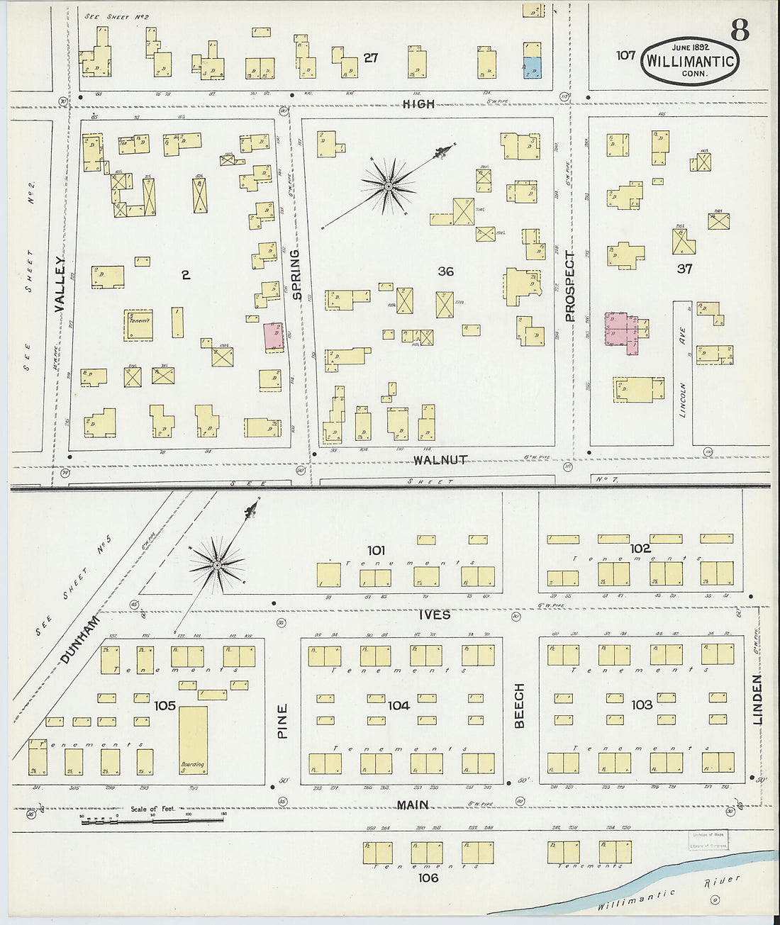 This old map of Willimantic, Windham County, Connecticut was created by Sanborn Map Company in 1892