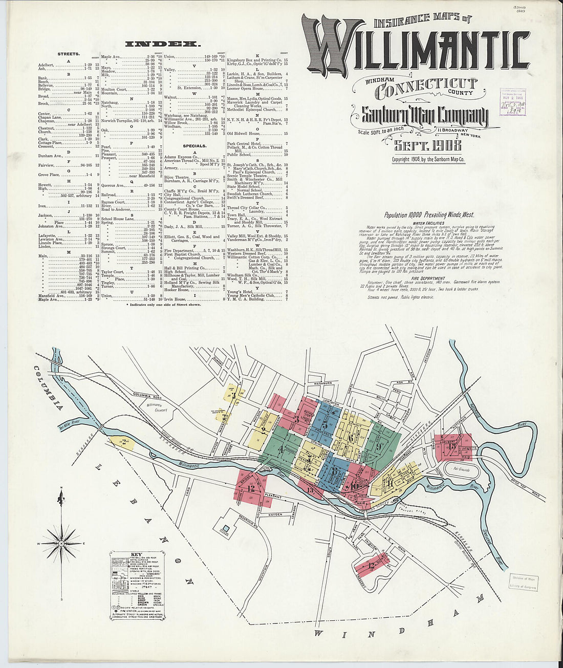 This old map of Willimantic, Windham County, Connecticut was created by Sanborn Map Company in 1908